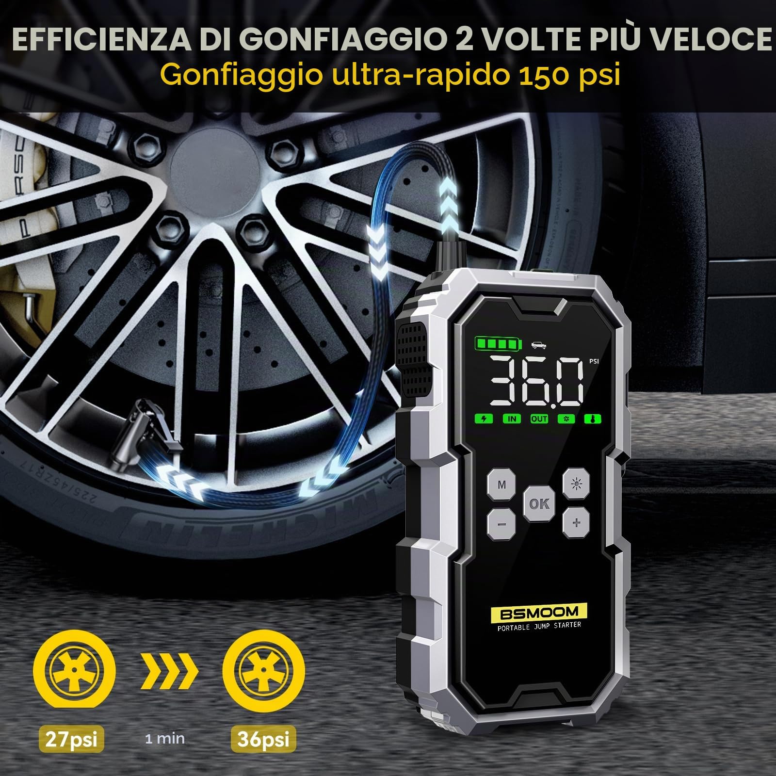 Avviatore di emergenza da 6000 A con compressore d'aria 150 PSI, power bank da 12 Volt (tutti i gas/diesel da 10 litri), alimentatore di avviamento per auto con cavi di avviamento, 3 luci, display LCD