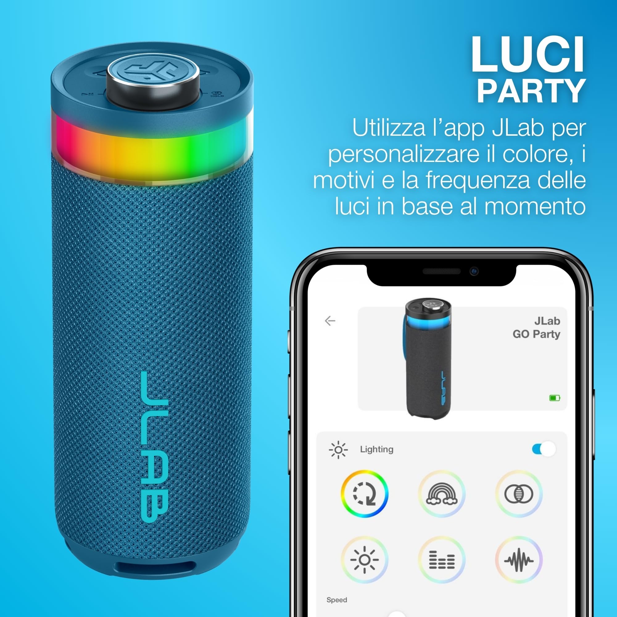 JLab Go Party Cassa Bluetooth Portatile con 16+ ore di riproduzione - Altoparlante Wireless da 10W per Esterni e Viaggi con Luci RGB e Audio Potente, Resistente all'Acqua IP56, Blu Navy