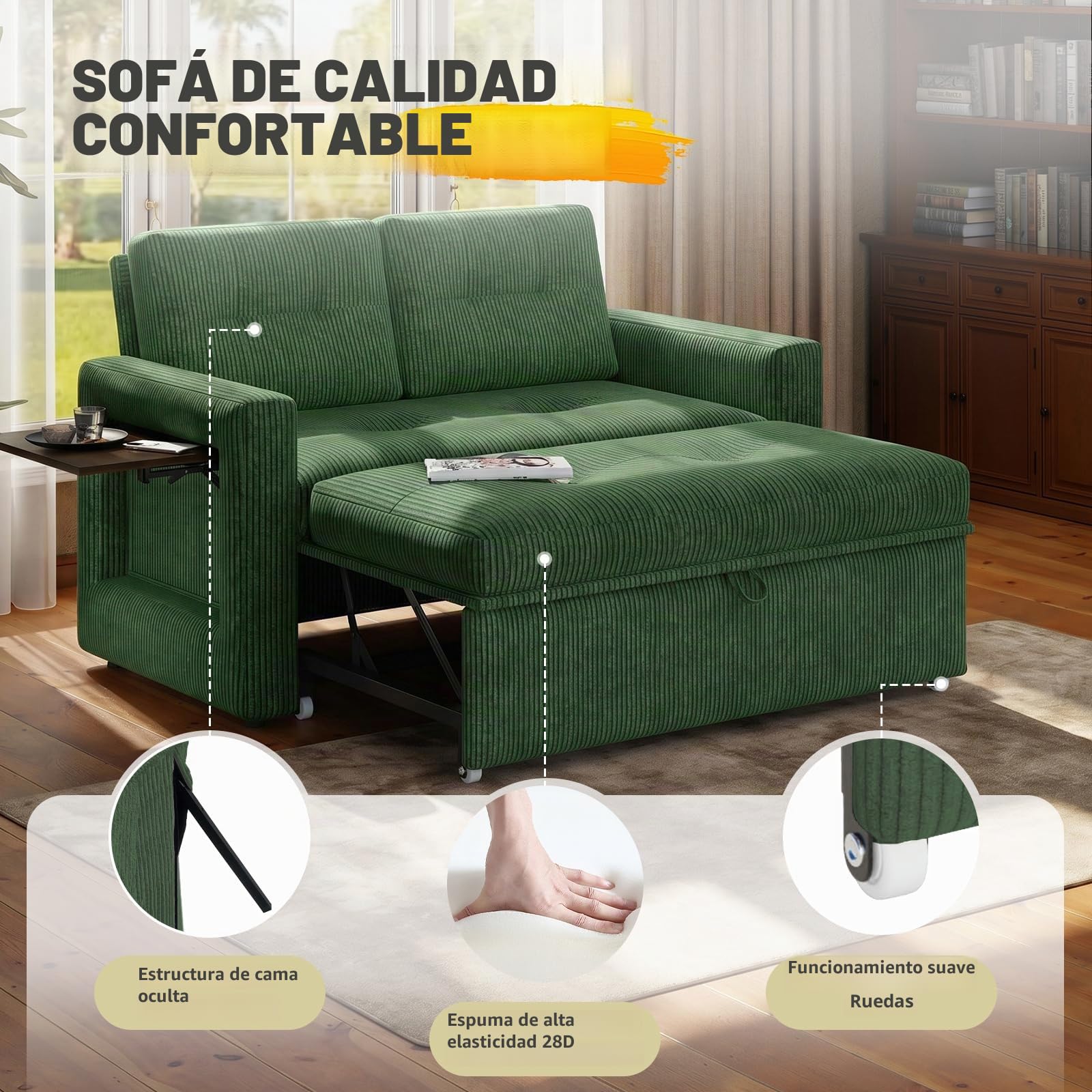 YOUDENOVA Sofá Cama 3 en 1, Sillón Cama multifunción, Sofá reclinable con Respaldo Regulable en 5 Posiciones, Sofá Cama para 2 Personas con Mesa y Bolsillos Laterales, Pana Verde