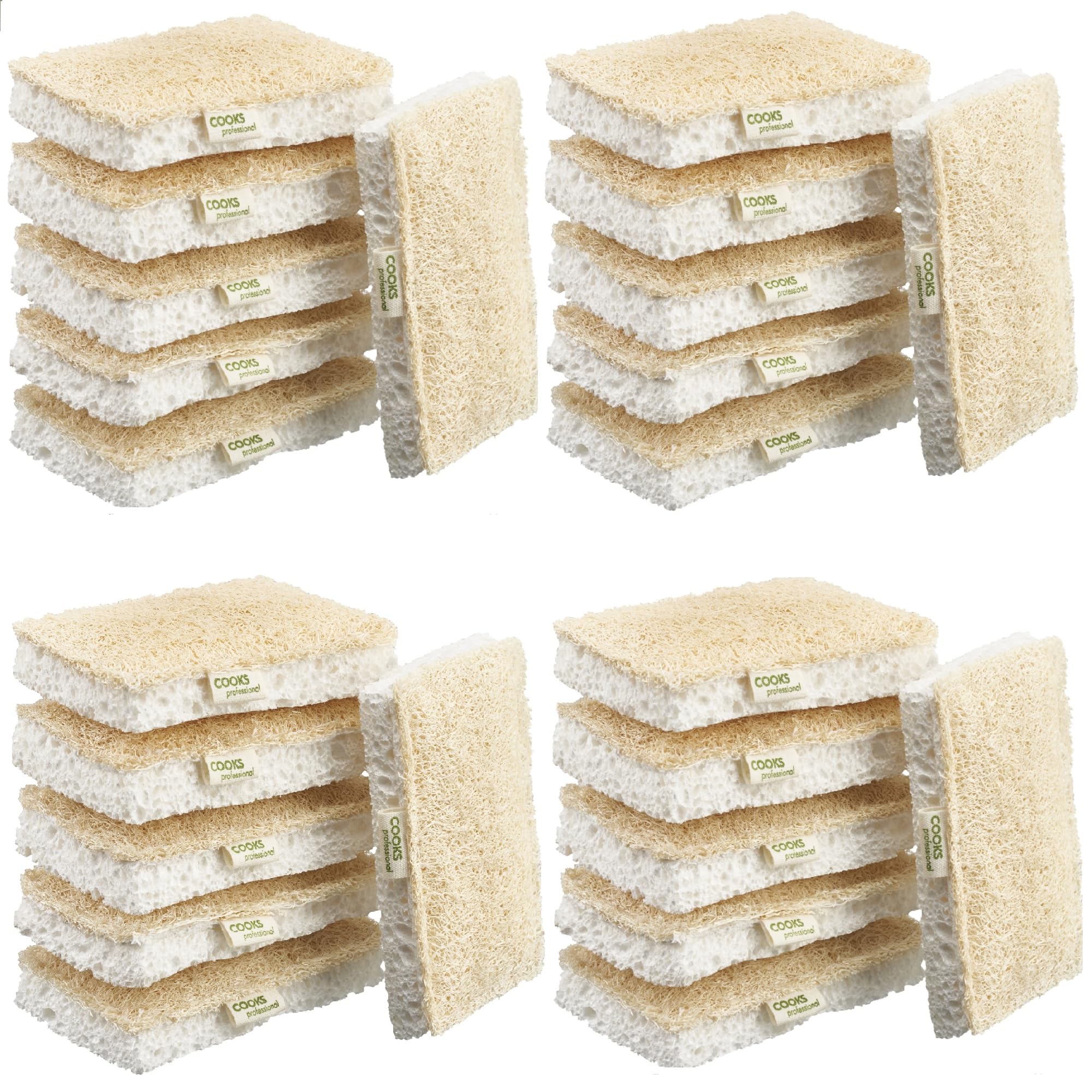 Cooks Professional Set of 24 Eco Scourer Sponges | Biodegradable & Compostable Multipurpose Cleaning Sponge for Kitchen, Bathroom, Household | 100% Natural Cellulose & Loofah | Plastic Free |