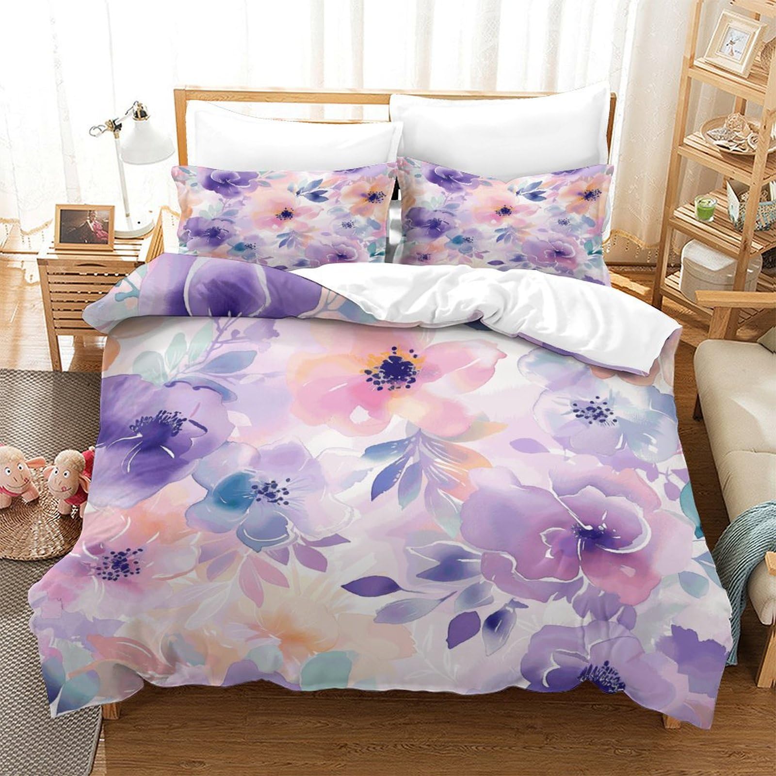 P1S9U7W5Y Pastel Floral 3D Printed Microfiber Duvet Cover Set 3pcs Elegant Bedroom Bedding Single（140x200cm）