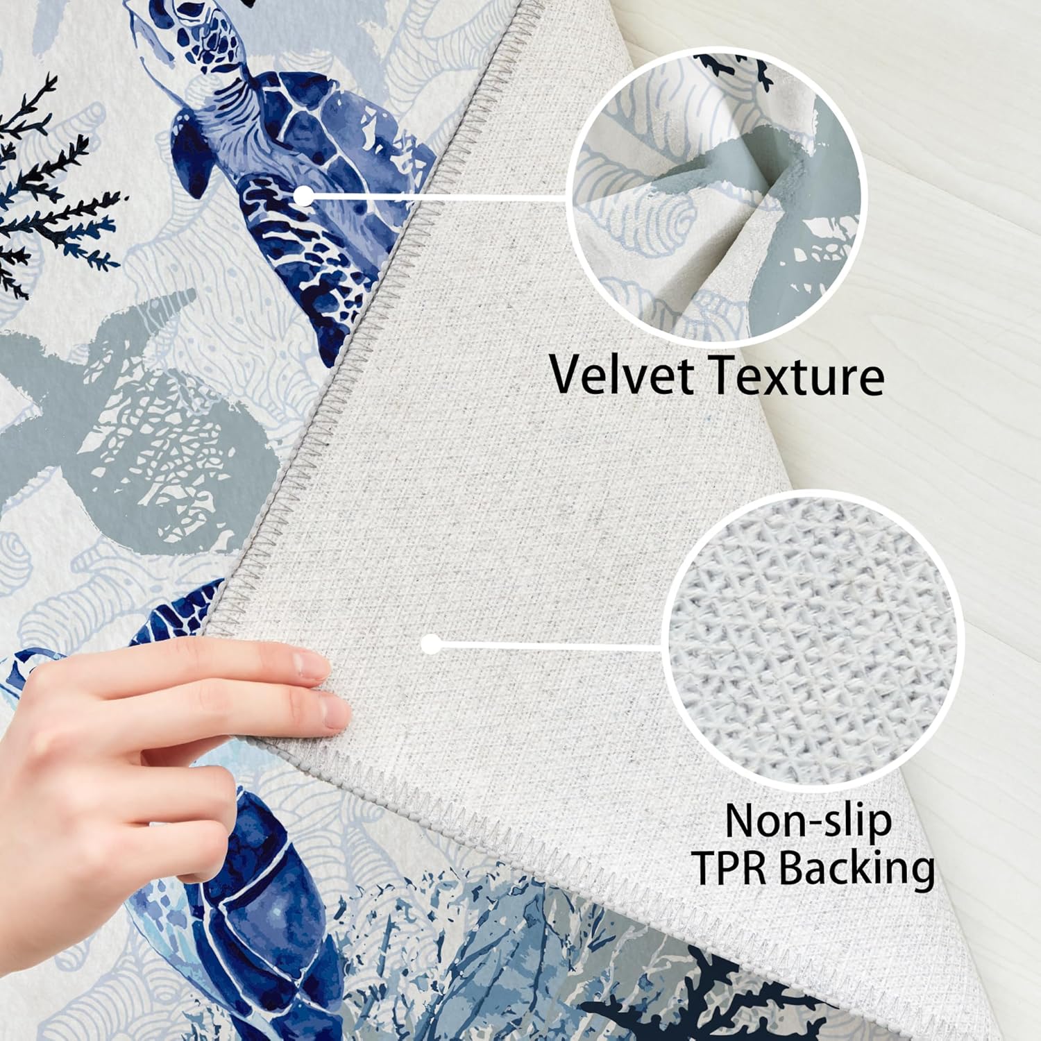 Coastal Nautical Runners - Non Slip, Soft Low Velvet Carpet, Washable Beach Ocean Runner Rugs for Laundry Room Entryway Modern Navy Blue Sea Turtle, 2x6