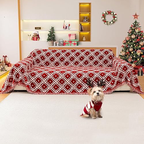 Funda de sofá a cuadros para Navidad (1 unidad, rojo, 71 x 118 pulgadas)