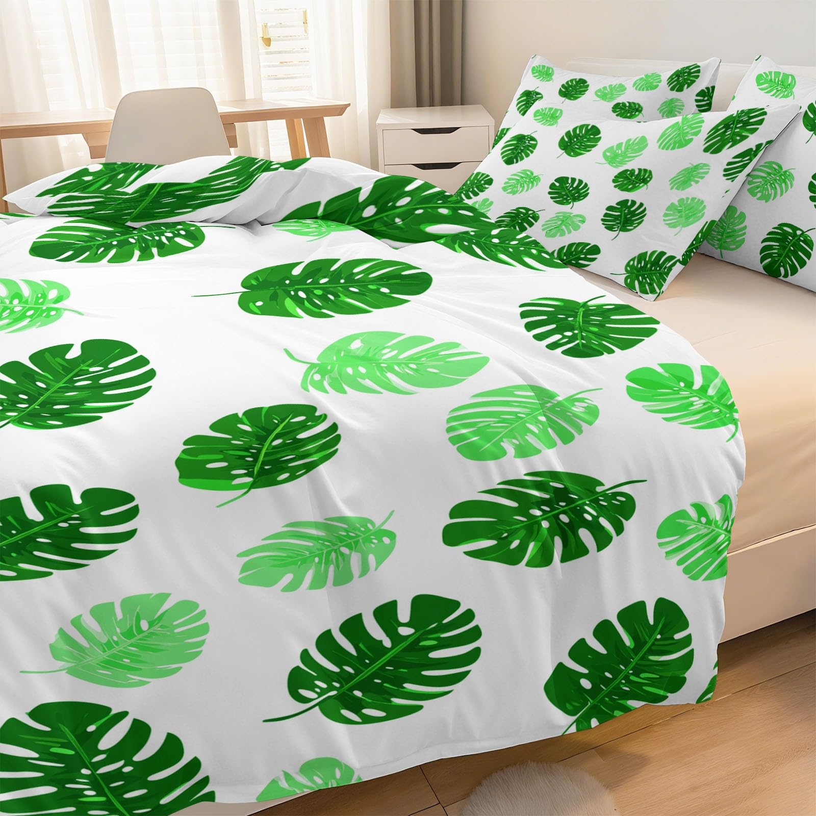 Zestawy kołder, tekstura, liście bambusa, roślina, zestaw 3 szt., super king, 260 x 220 cm, dwustronny, ciepły zestaw poszewek na kołdrę do sypialni, hotelu lub na prezent, 100% szczotkowana