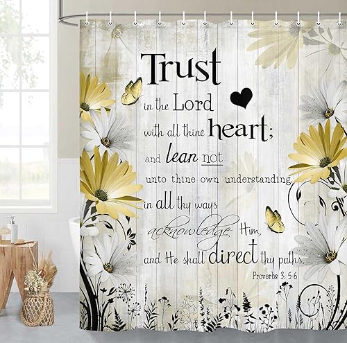 Miniatura 2 de Cortina de ducha con versículo bíblico con cita inspiradora, cortina de ducha de tela impermeable con margaritas florales amarillas, cortina de