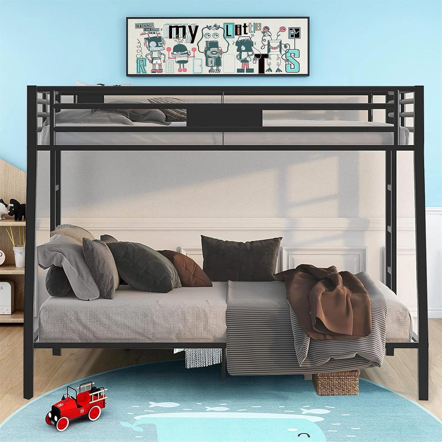 Upgraded Version Thicken Metal Full XL Over Queen Bunk Bed, Best Industrial Style Heavy Duty Bunk Beds Frame with Side Ladder and Safety Guard Rails for Kids, Adults (Full XL/Queen)