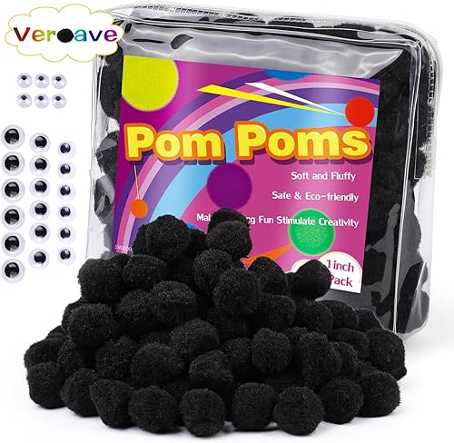 Veroave 150 pompones pequeños de 1 pulgada de color negro, para manualidades, bolas de soplo, manualidades y manualidades para decoración de