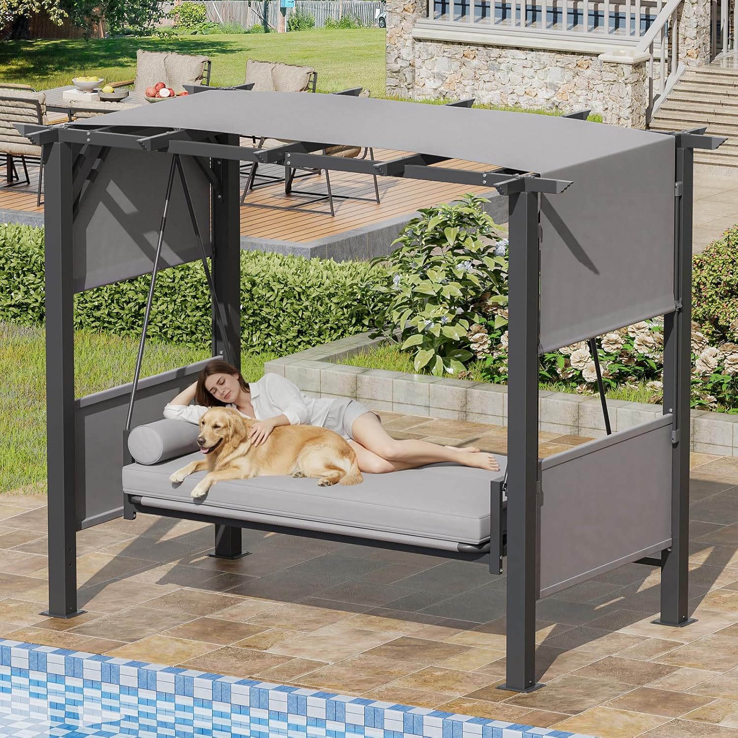Grepatio Outdoor Porch Swing with Stand and Adjustable Canopy, 2-in-1 Convertible Porch Swing Bed, 3 Seat Swings for Adults, Large 3 Person Swings Chair with Cushions and 2 Pillow for Garden Yard