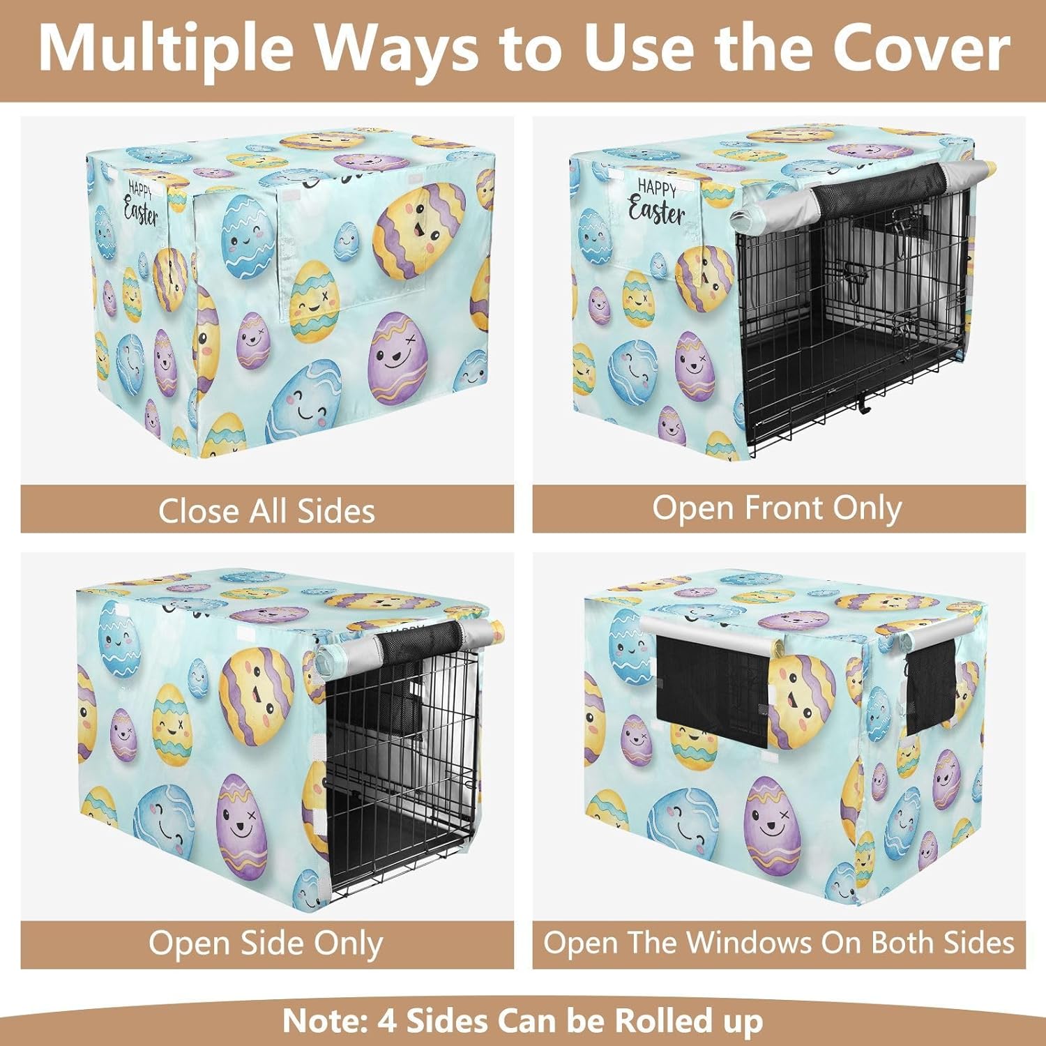 Funny Easter Eggs Blue Pet Crate Cover with Roll-up Sides, Wind-Resistant Dog Cage Cover, X-Large