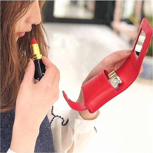 Miniatura 4 de Funda para lápiz labial con espejo bonita bolsa de maquillaje portátil bolsa de cosméticos de piel auténtica que ocupa hasta 3 lápices de labios y