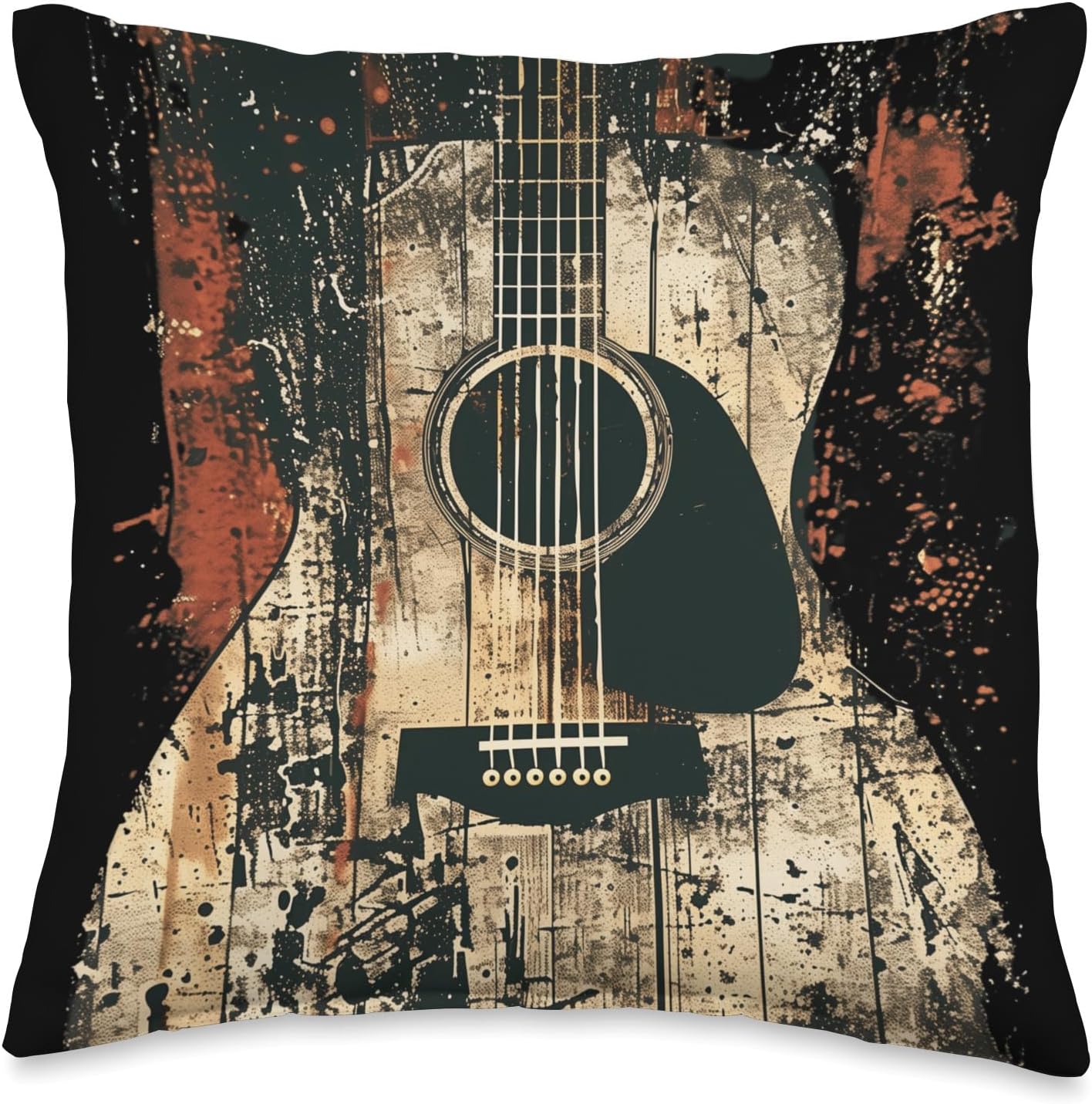 Acoustic Guitar, Vintage, Distressed, Rock & Roll Music Throw Pillow