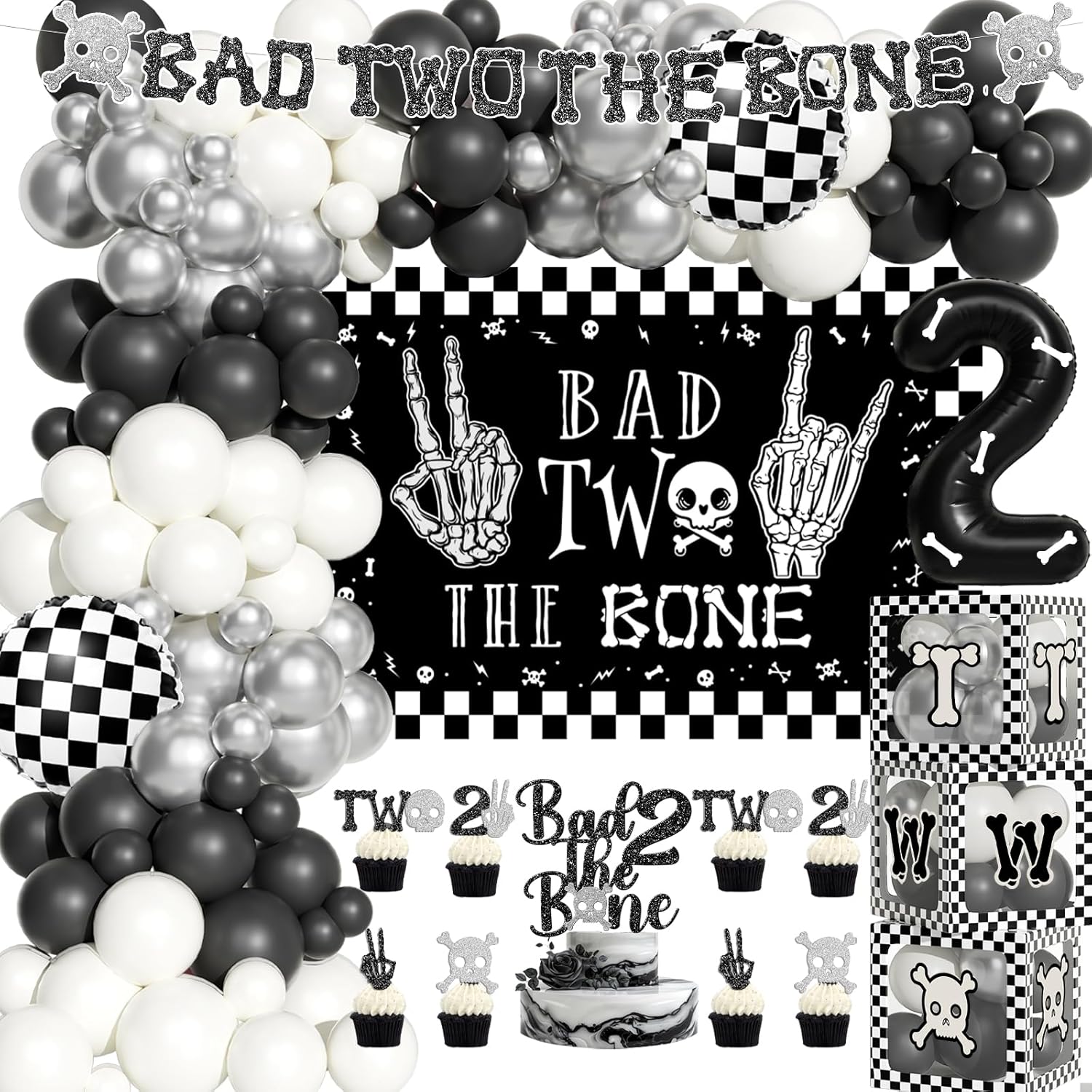 Costova Bad Two the Bone Party Decorations Boy – 110 PCs Bad 2 The Bone Party Supplies with Backdrop, Cake Topper, Balloon Garland, Balloon Boxes, Cupcake Toppers, Cut-Outs