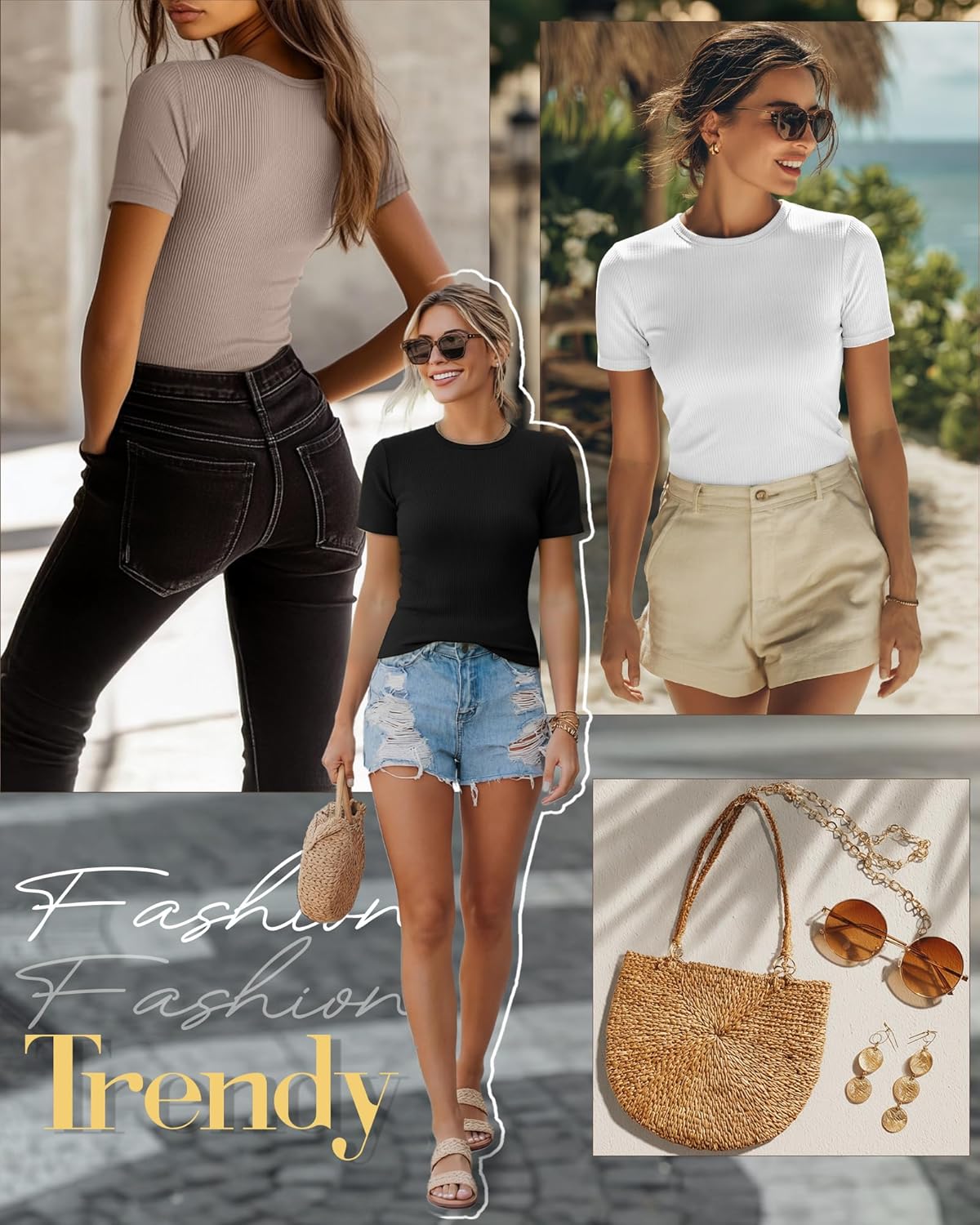 Ficerd 3 Pack Women's Ribbed T-Shirts, Cotton Short Sleeve Basic Tees Crewneck Fitted Tops Casual Shirts 2026 Summer Trendy - Image 3