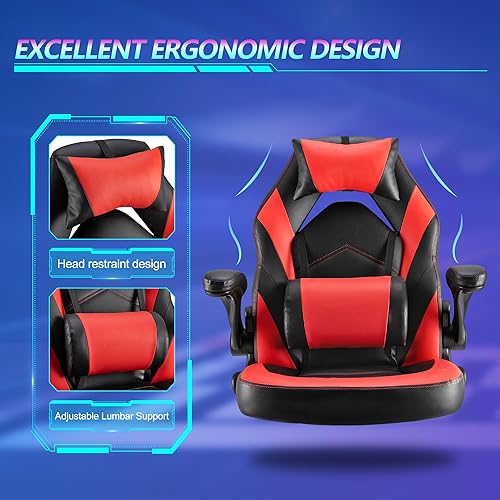 Miniatura 4 de Silla ergonómica de escritorio para juegos de computadora, piel sintética con soporte lumbar ajustable y reposacabezas, reposabrazos abatibles,