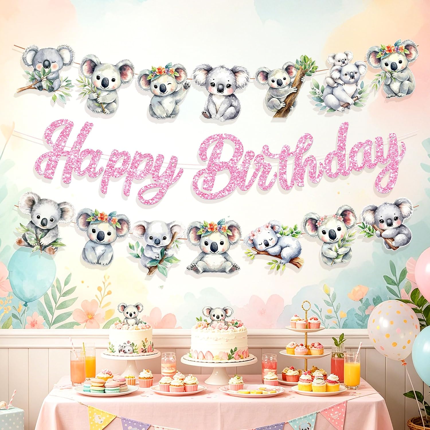 Pink Koala Birthday Banner Cute Koala Bear Birthday Party Decorations