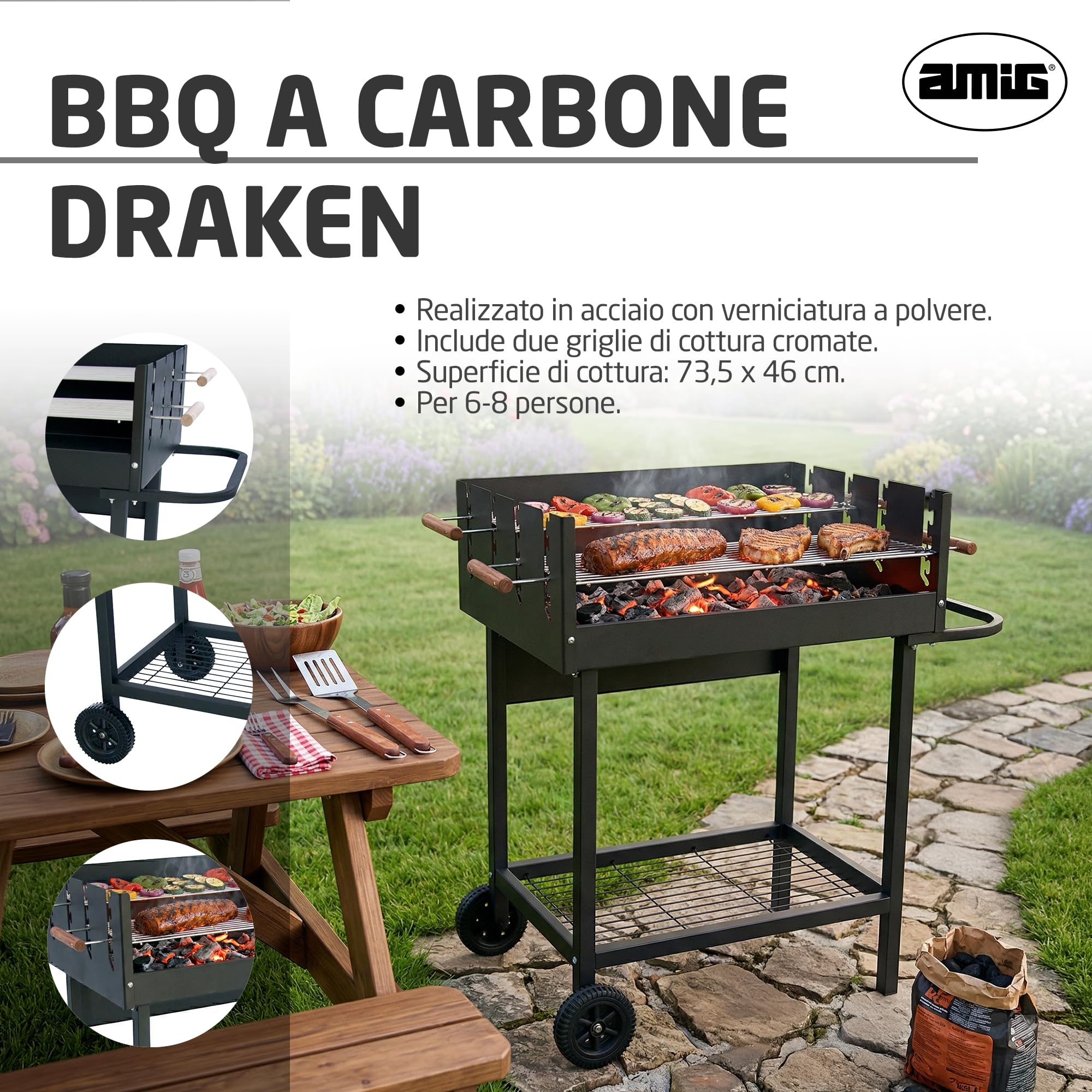 Amig - Barbecue a carbone - 94 x 51 x 93 cm - Nero - Realizzato in Acciaio - per giardino e patio con uso familiare e riunioni, con montaggio semplice, pulizia comoda e qualità costante. Mod. DRAKEN