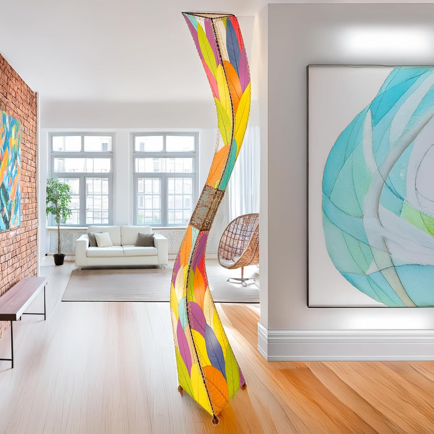 Eangee Home Design Flow Giant Floor Lamp Multi Shade Made of Real Cocoa Leaves 13 Inches Length x 13 Inches Width x 72 Inches Height (569 XL m)