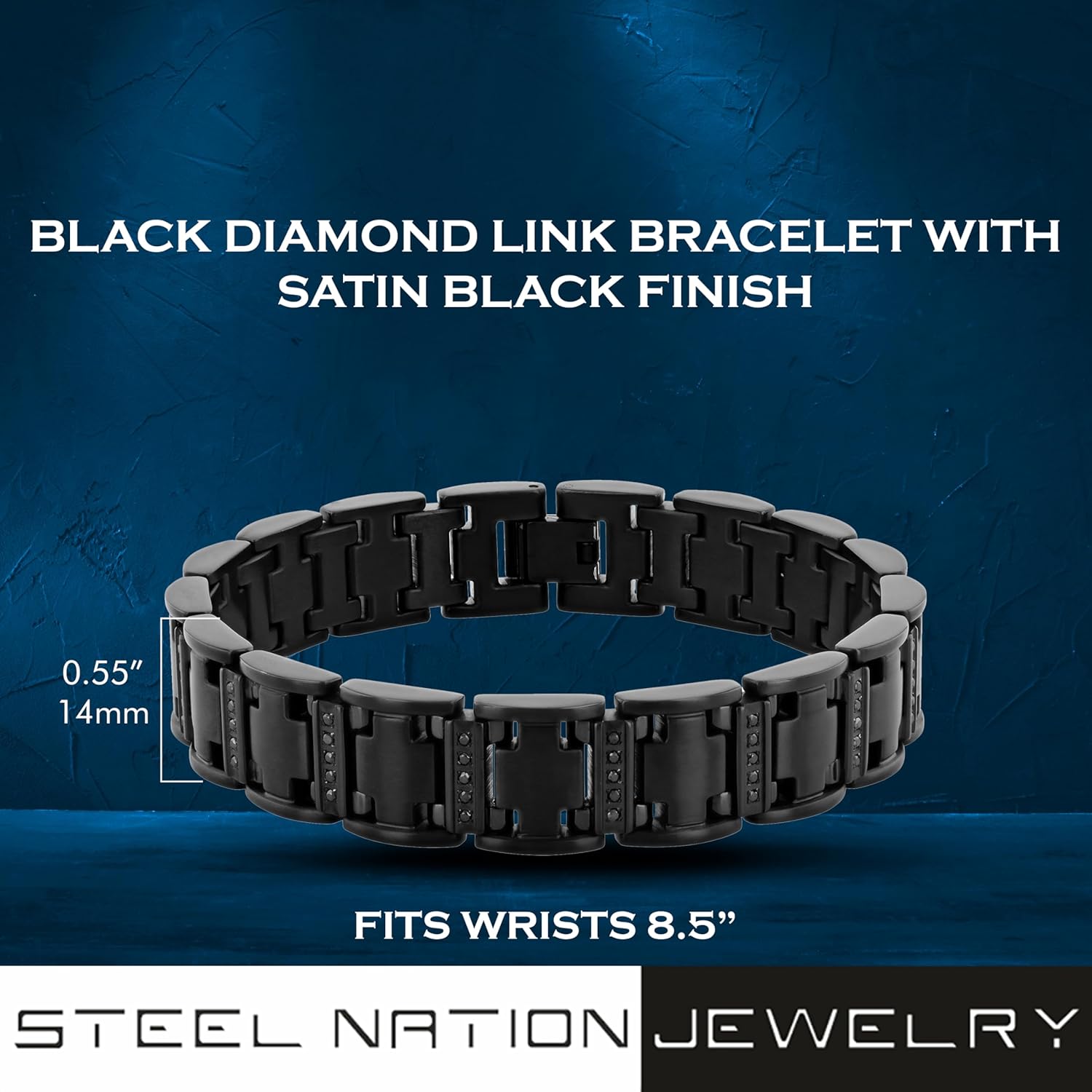 Men's 14MM Wide Black Stainless Steel Link with 0.50ctw Black Diamond Satin Finish 8.5" Bracelet