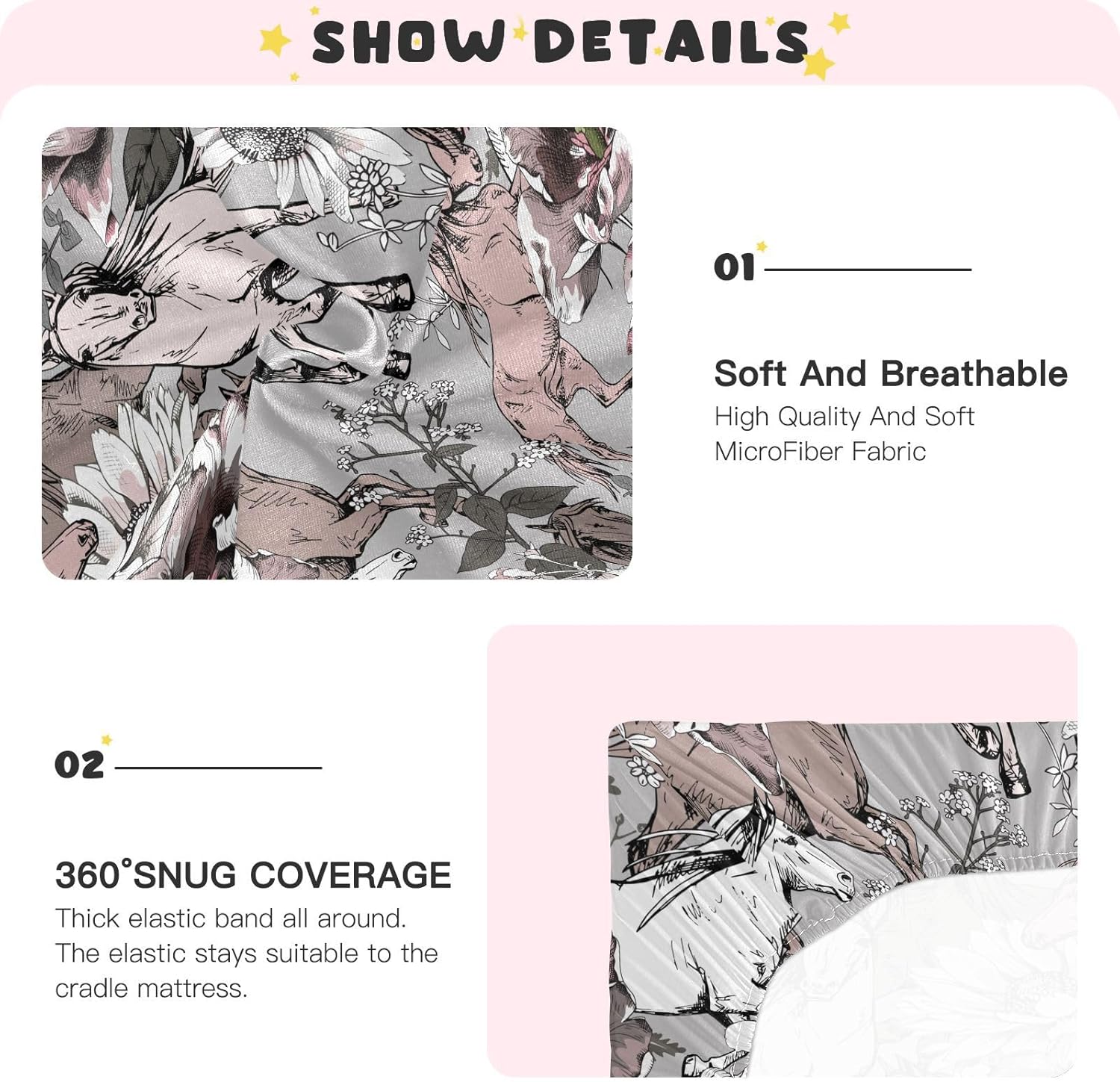 CaTaKu Toddler Mattress Sheets - Horse Flower Fitted Sheets for Mini Crib, Girls 28"x 52"