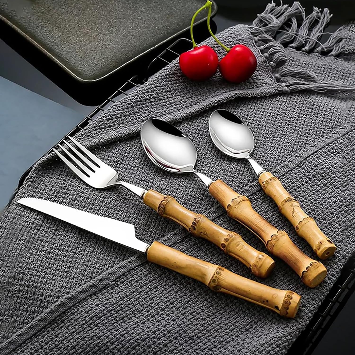 bamboo silverware set for 6,18/8 stainless steel bamboo handle flatware sets cutlery set for dinning,forks and spoons set for home and kitchen, gift for mother and wife