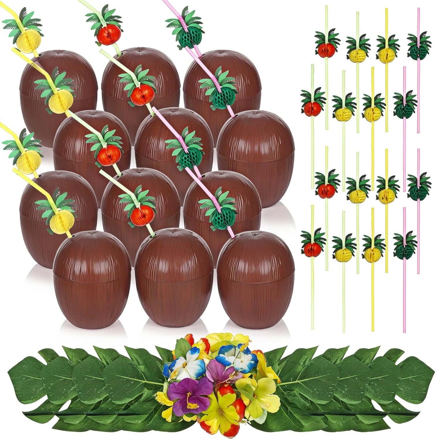 Hushee 24 Pcs Plastic Coconut Cup for Hawaiian Luau Party 24 Coconut Honeycomb Straws 24 Turtle Leaves 24 Hibiscus Flower Plastic Hawaii Cups with Straws for Summer Theme Birthday Party Favors
