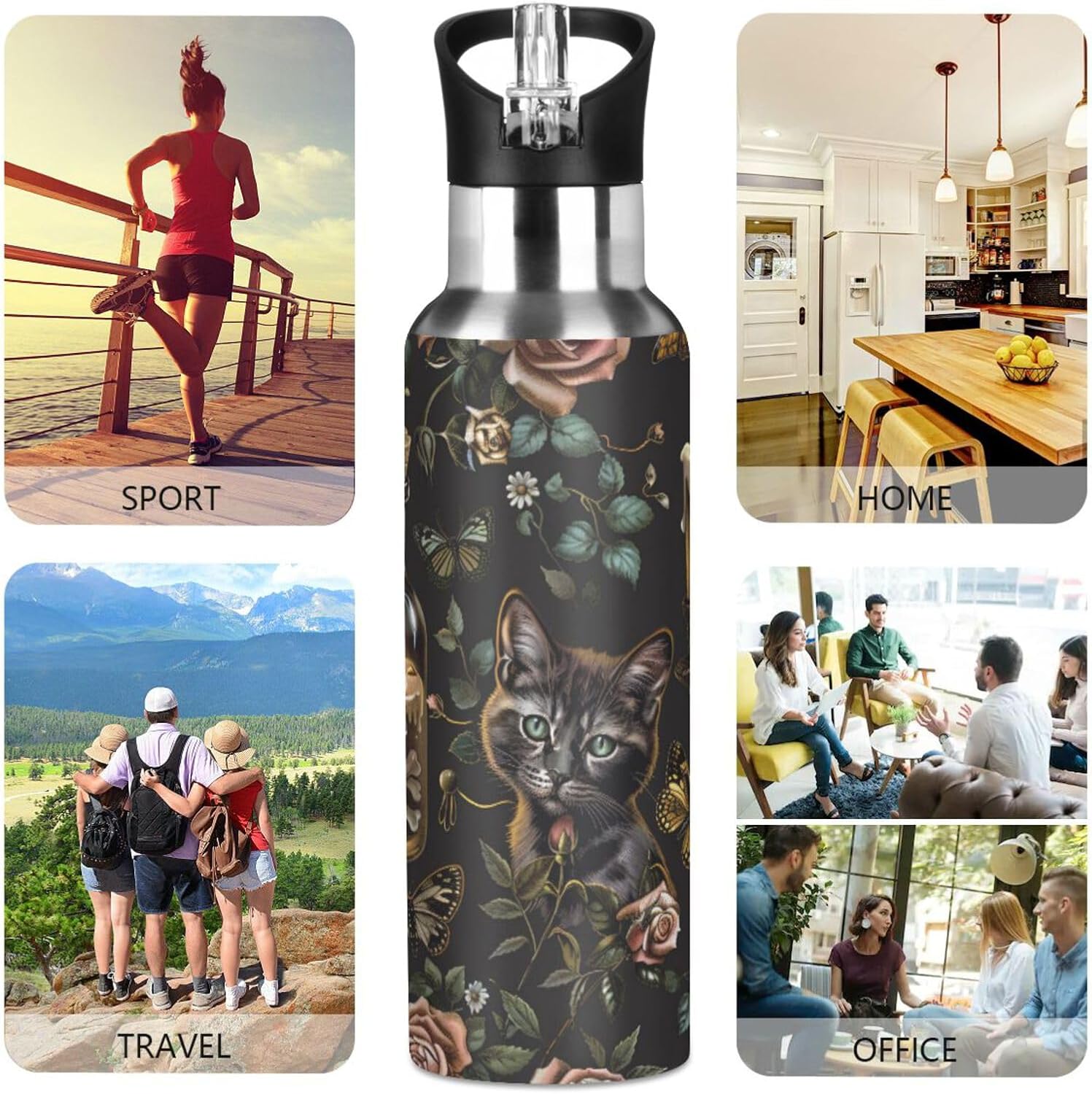 senya 20 Oz Water Bottle with Straw Black Skulls Cats Gothic Style Stainless Steel Water Bottle for Traveling Sports Leakproof Insulated