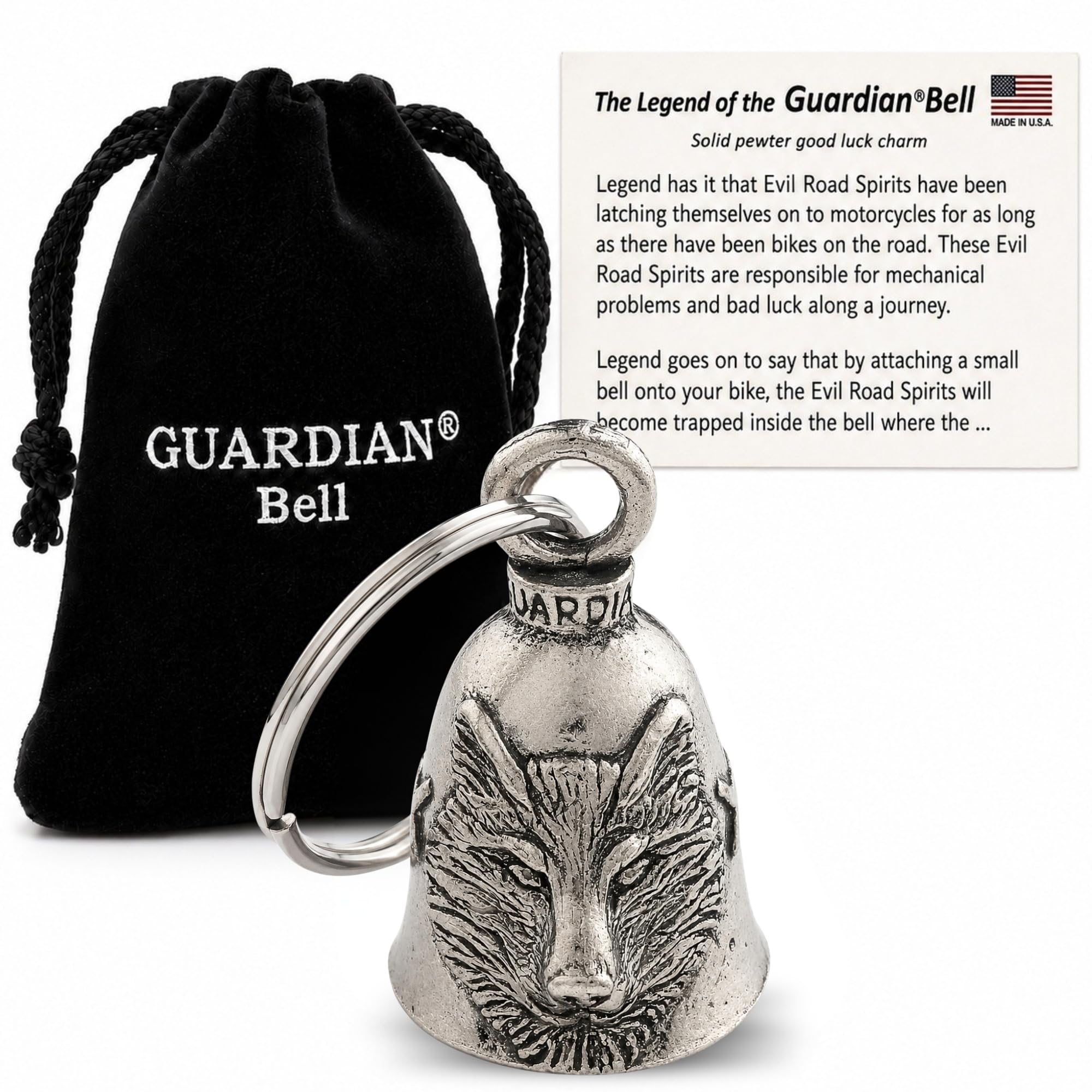 Guardian Bell Animals Good Luck Bell w/Keyring &amp; Black Velvet Gift Bag | Motorcycle Bell | Lead-Free Pewter | Made in USA