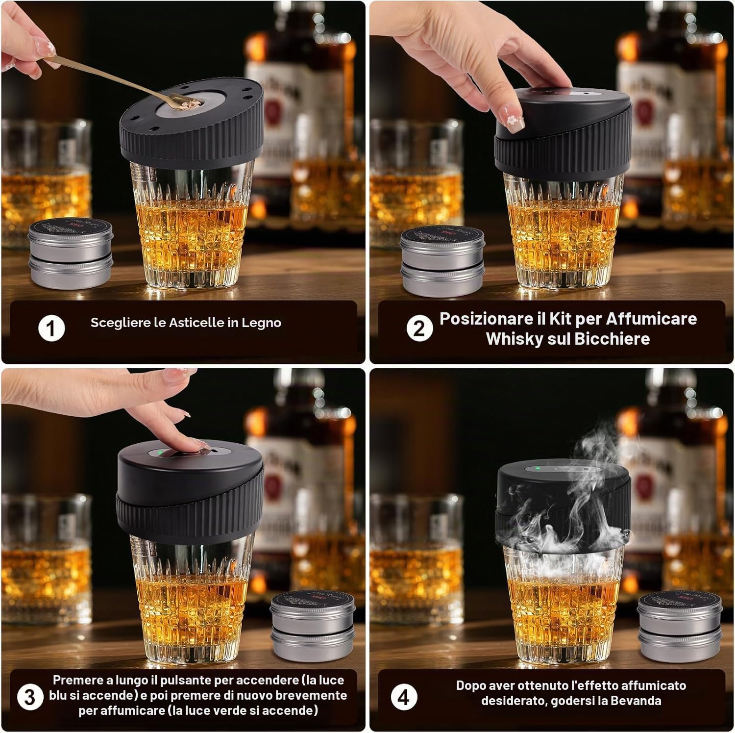 Kit di Fumo di Whisky Elettrico Portatile - Kit di Fumo di Cocktail Multifunzionale Ricaricabile con 6 Truciole di Legno (Senza Butano) - Accendino Incorporato