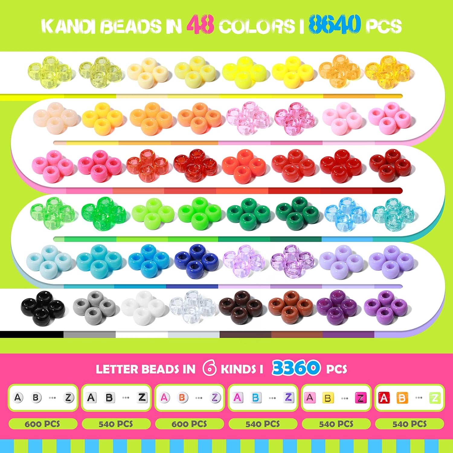 Simetufy 12000Pcs Pony Beads Bulk, 48 Colors Rainbow Kandi Beads for Crafts Bracelet Making Hair Braiding Kandi Jewelry Key Chains DIY Valentine's Day Romantic Gifts Christmas Gifts (2 Pack) - Image 4