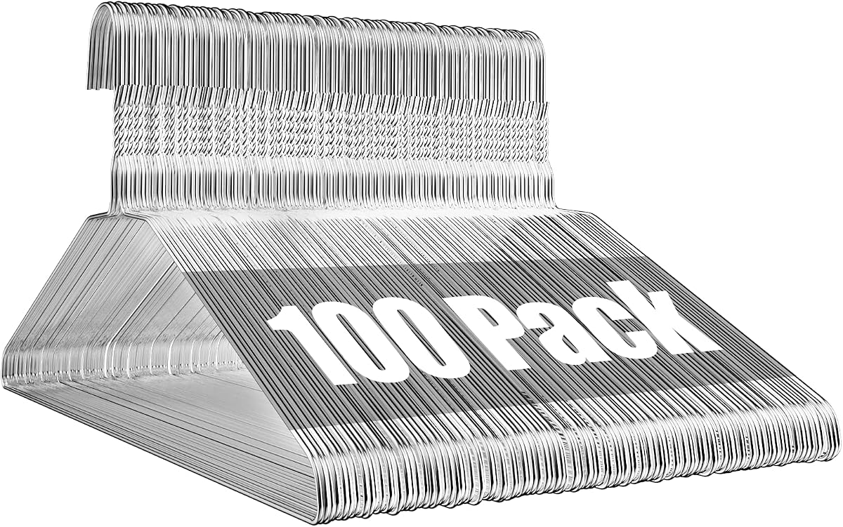 Wire Metal Clothes Hangers Bulk 100 Pack, Slim Space Saving Silver | 12 Gauge 16 Inch Standard Size, For Closet Laundry Retail Bathroom, Coat, Suit, Shirt, Pants, Dress