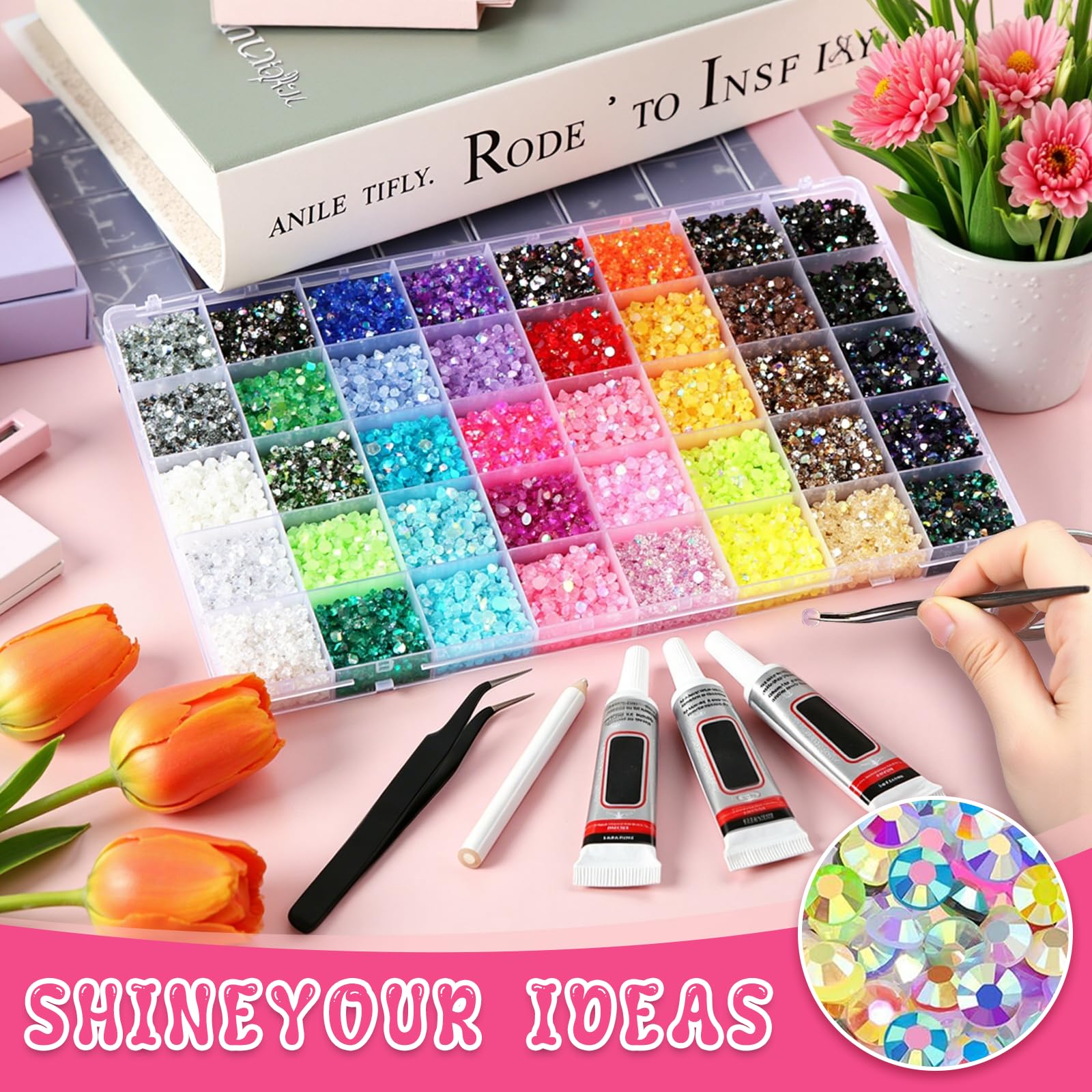 Strass in Resina per Lavoretti: Set da 32.000 pezzi (3 mm) in 40 Colori - Kit Scintillante Comprensivo di 3 Tubetti di Colla per Hobbistica - Ideale per Tazze Scarpe Tessuti e Nail Art
