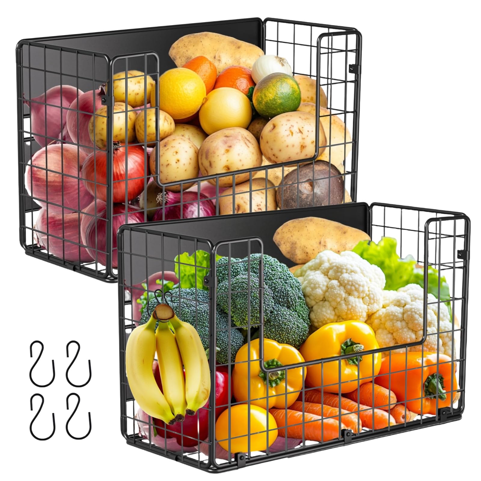 2 cestas magnéticas para frutas colgantes y especias, organizador de cocina, estantería de cocina, sin taladrar, cesta de frutas, frutas y verduras, estante magnético para frigorífico, color negro