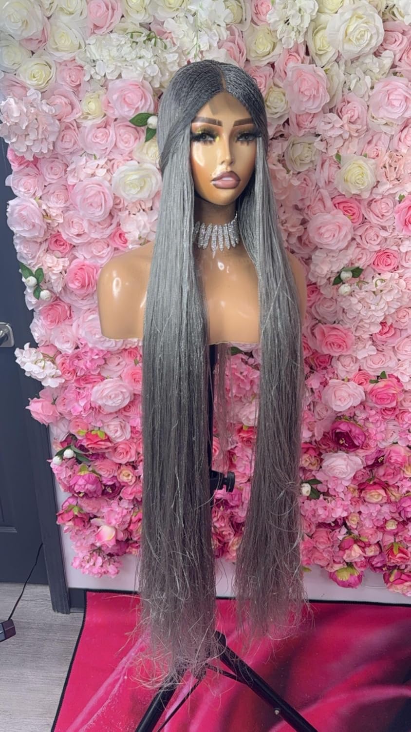 50" Million Braids, Senegalese Twist, Micro Braid, Braided Wig, Micro Twist 50" Long. Synthetic Hand Braided Wigs for Black Women (50" Grey)