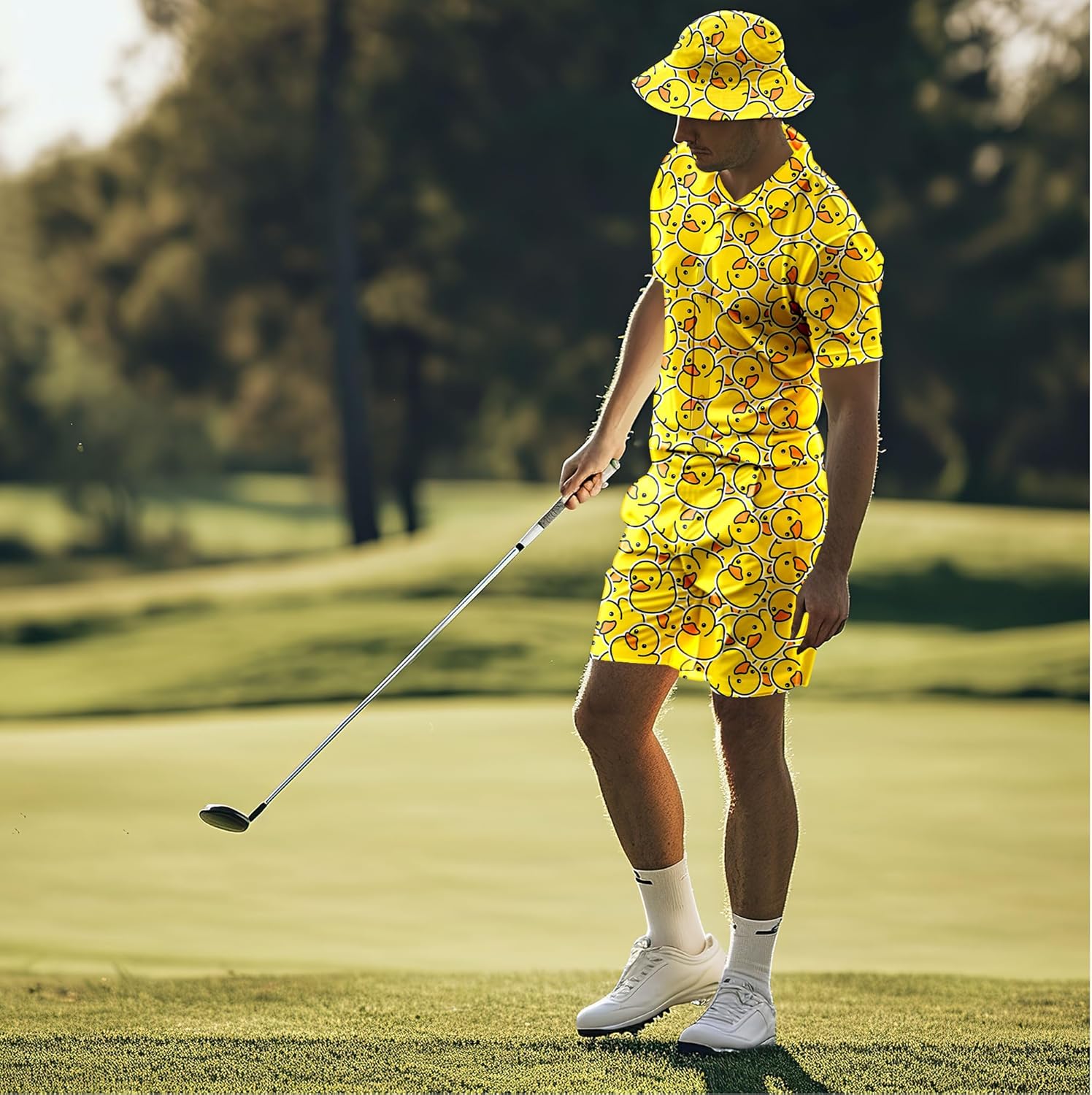 Men's 2 Piece Tracksuit 80s 90s Outfit Button Down 80s Shirts and Shorts Sets with Bucket Hats - Image 4