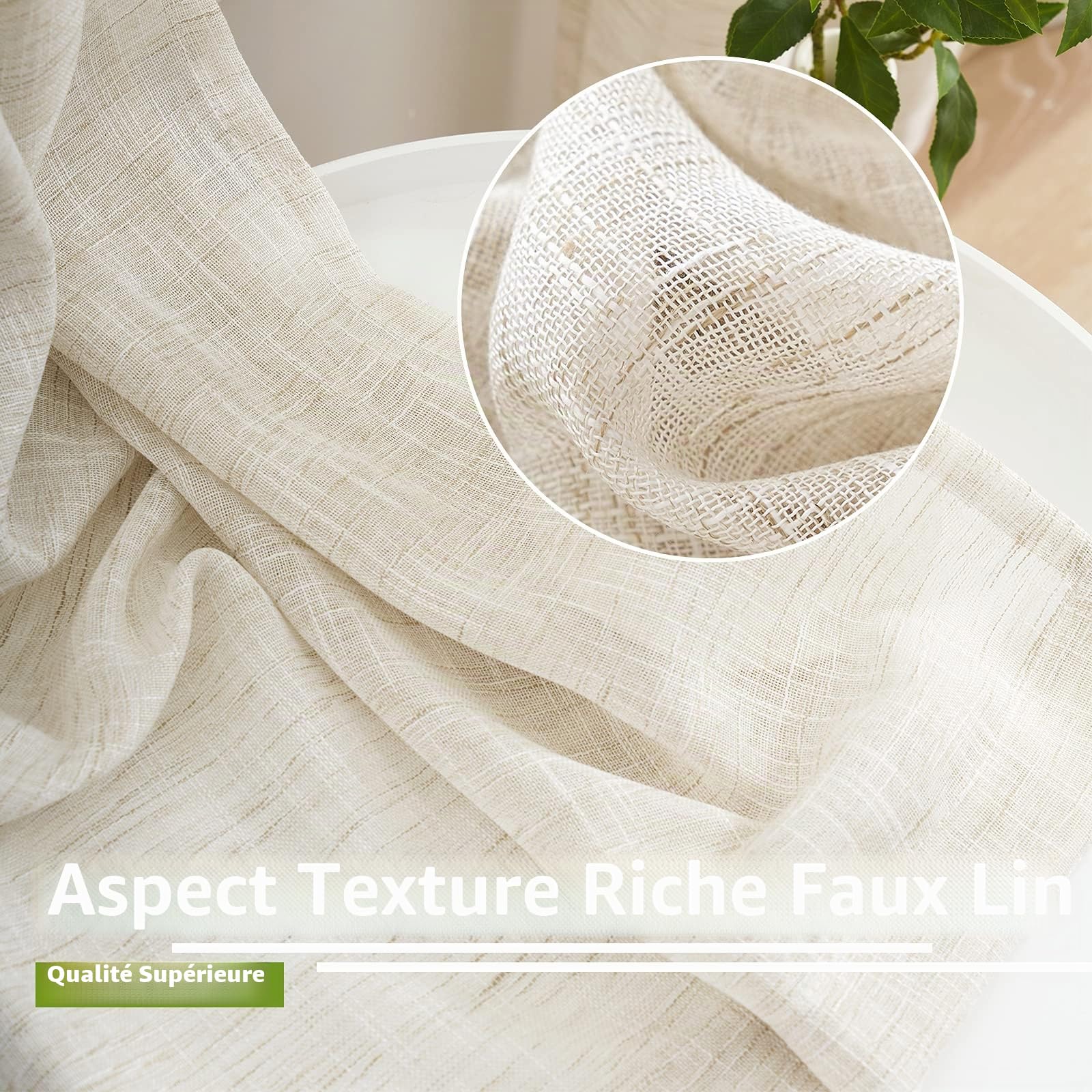 Treatmentex Lot de 2 rideaux semi-transparents en lin naturel pour salon, chambre à coucher, 228,6 cm de long, rideaux de fenêtre rustiques rustiques, 132,1 cm de large, beige