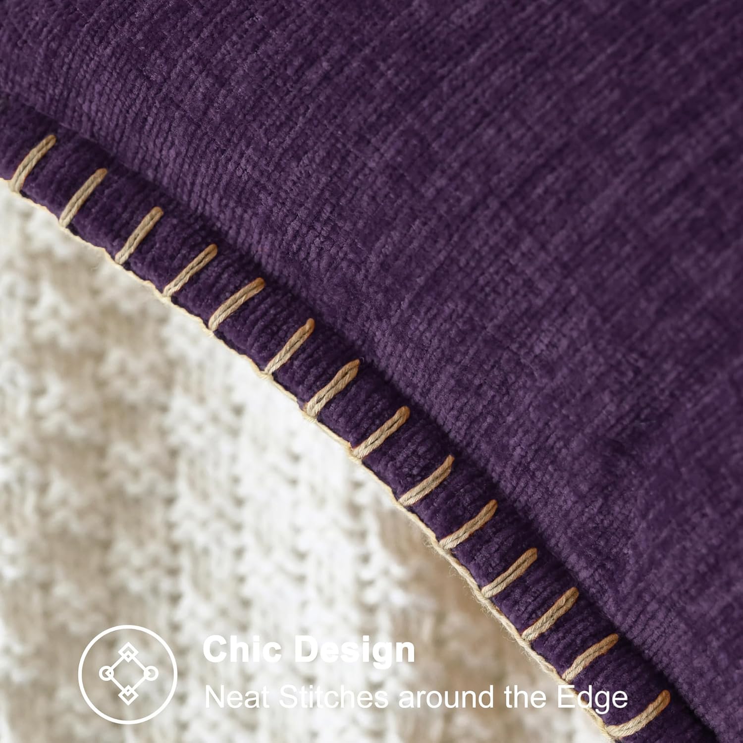 CaliTime Throw Pillow Covers Decorative 26 X 26 Inches Pack of 2 Cotton Thread Stitching Edges Solid Dyed Soft Chenille Cushion Cases for Couch Sofa Bed Living Room Farmhouse Plum Purple