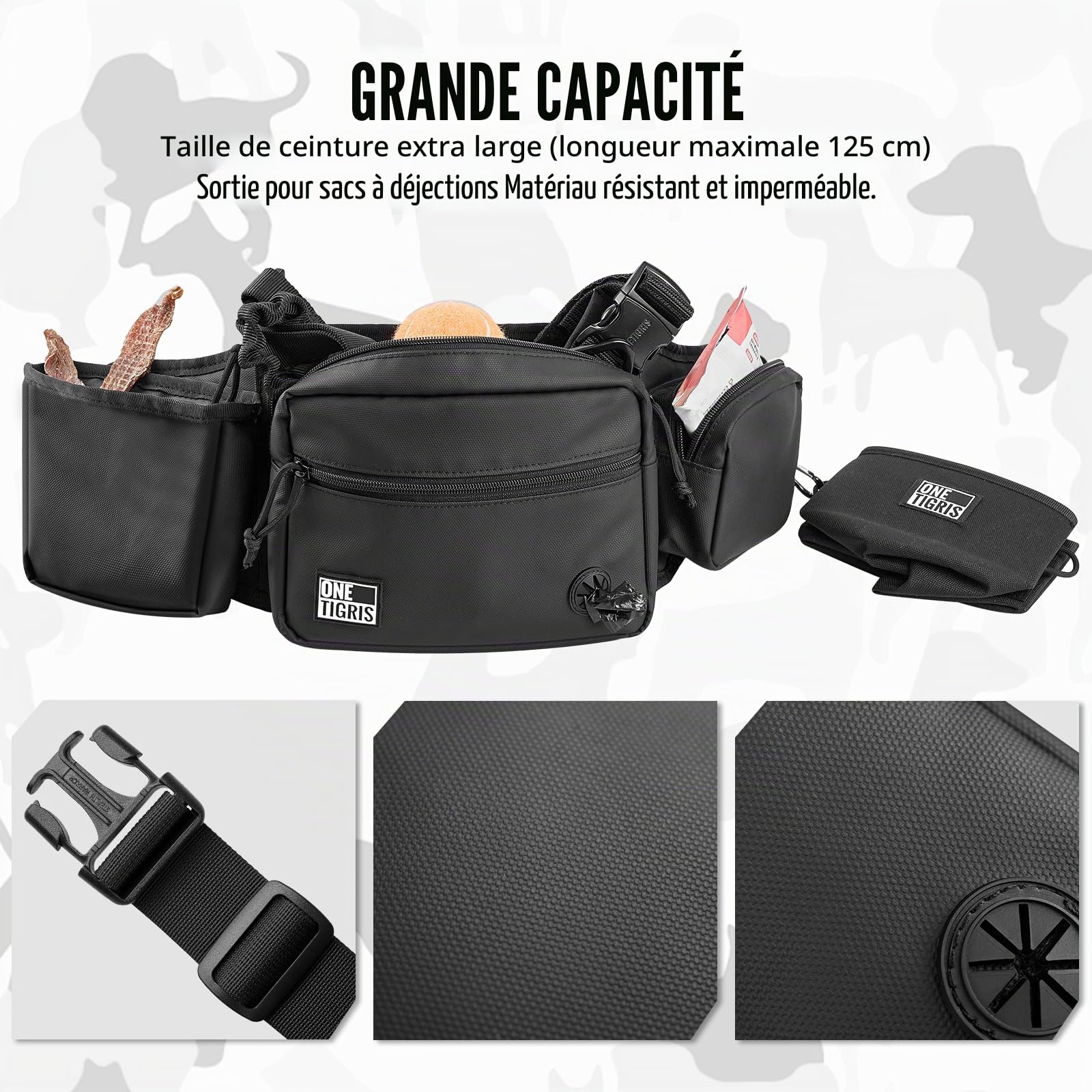 OneTigris Sac friandise Chien, Grande capacité Sac Banane étanche Multifonction, Distributeur pour Sacs à Déjections, Compartiment pour téléphone Portable, Pochette Friandise Fermeture Magnétique