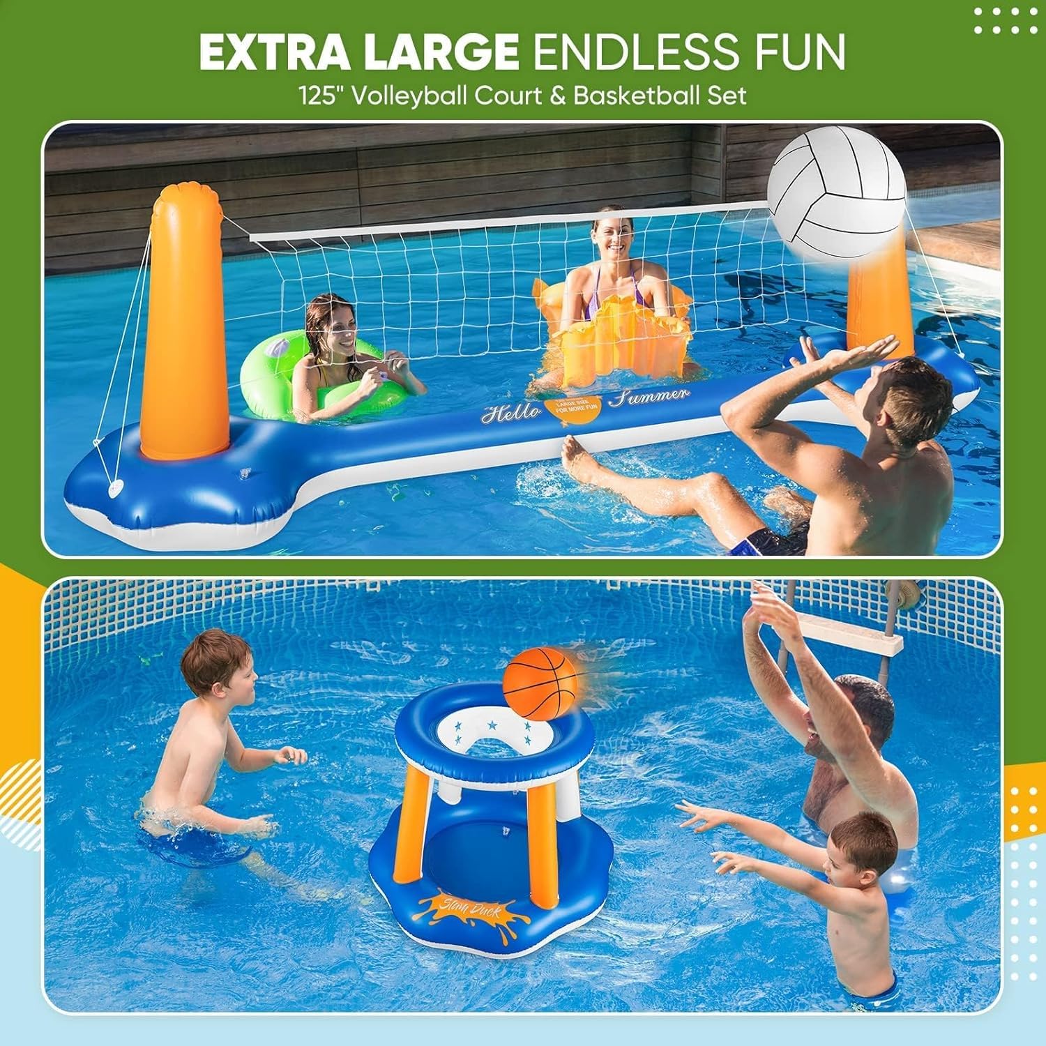Juego de voleibol de piscina y aro de baloncesto, red de voleibol de piscina más grande de 125 pulgadas para enterrar, incluye 2 bolas y 2 bolsas de peso, juego de juguetes de piscina para