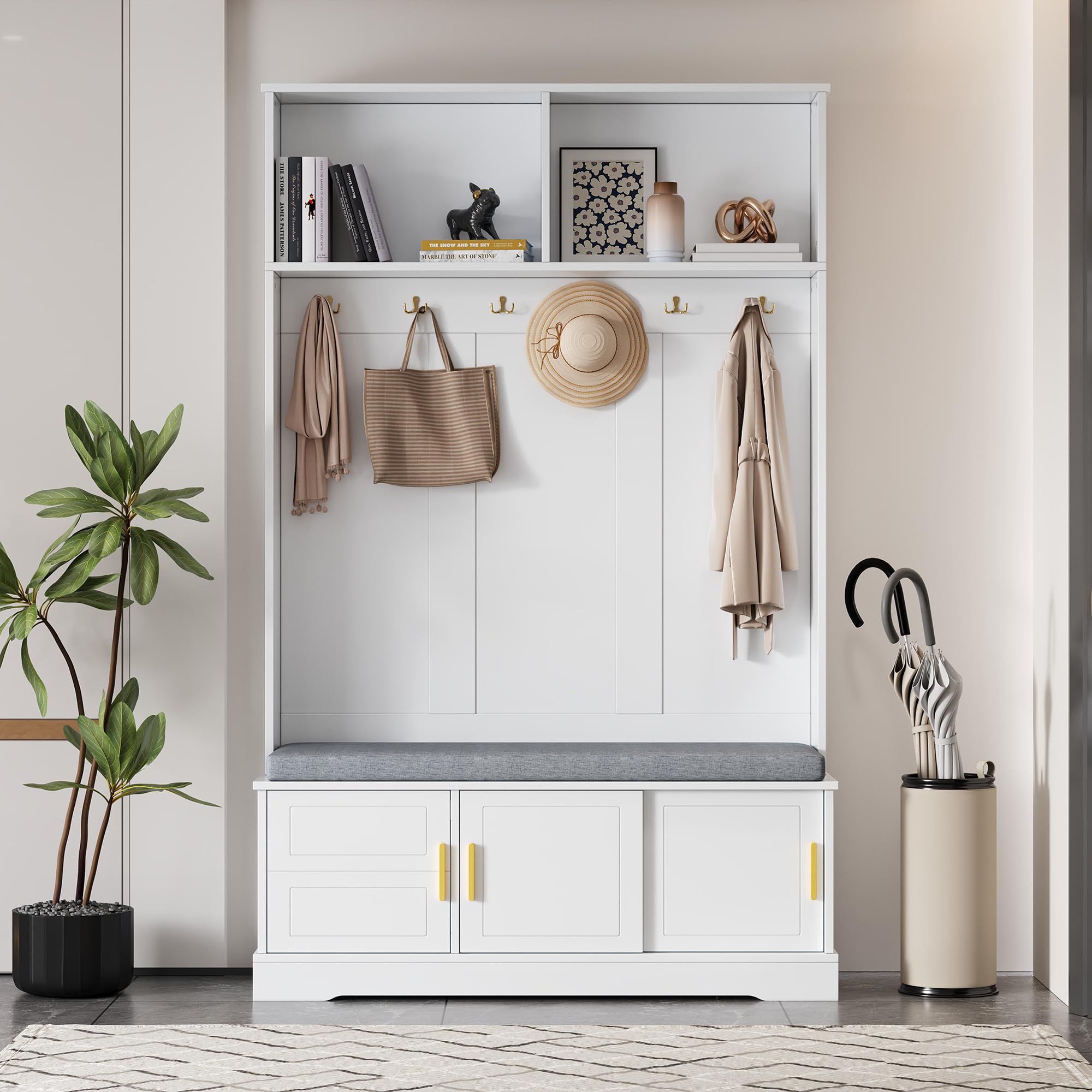 Vestiaire D'EntréE avec Banc Et Rangement à Chaussures, Meuble D'EntréE avec 6 Crochets Triples, Porte-Manteau Multifonctionnel en Bois avec Tabouret Rembourré pour L'EntréE Ou Le Couloir