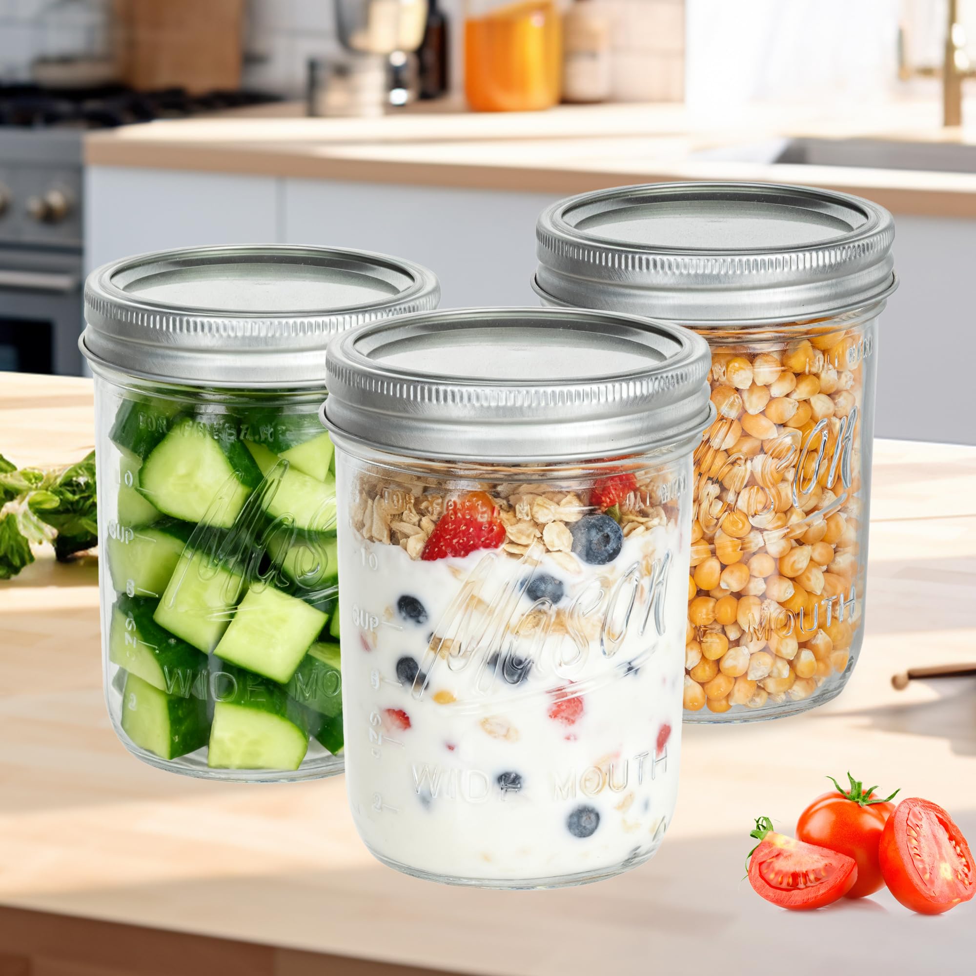 Lot de 8 bocaux Mason à large ouverture avec couvercles hermétiques en métal et bandes - 473,6 g avec couvercles hermétiques en métal pour fermentation, préparation des repas, congélation