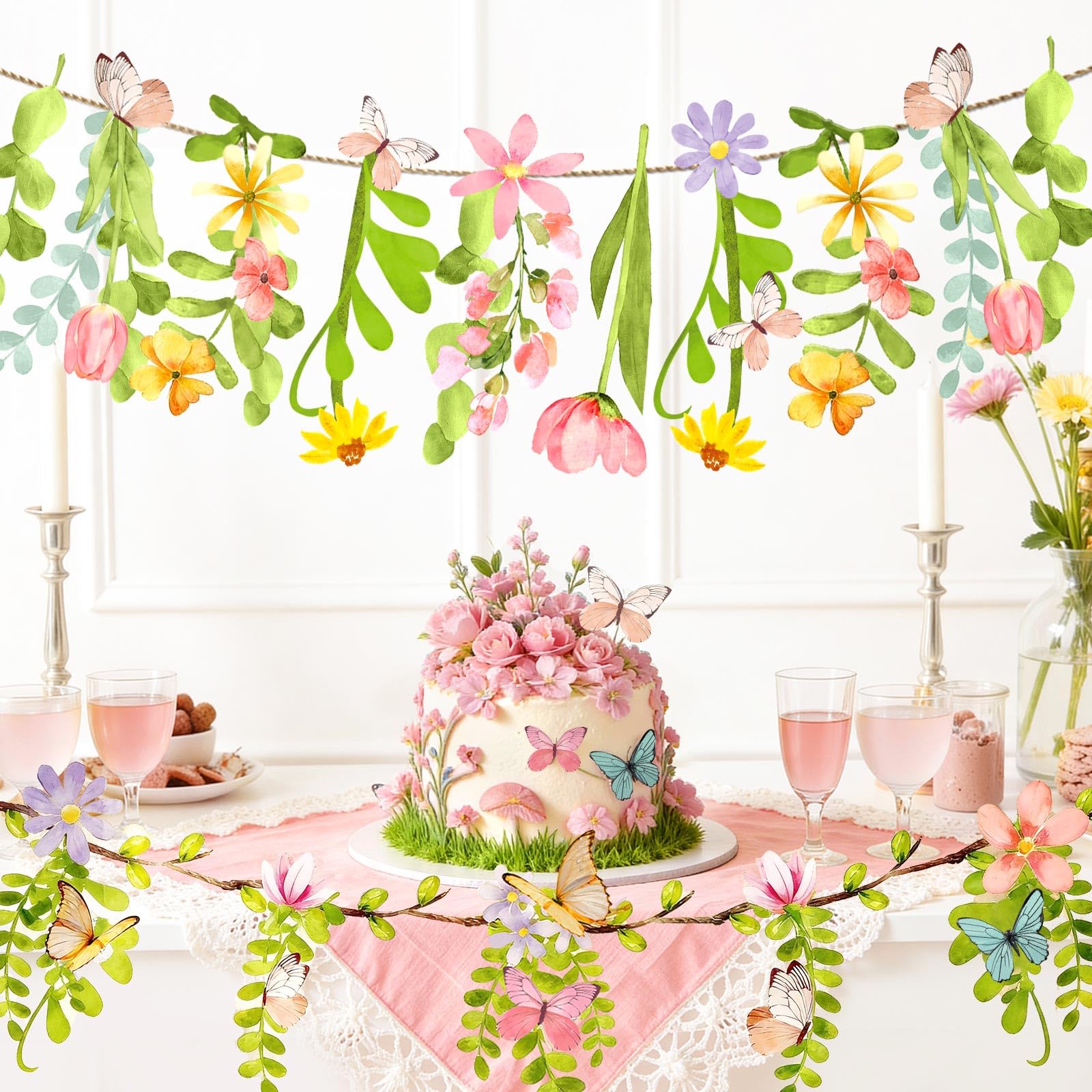 NICROHOME EUR 2PCS Wildflower Garland with Butterflies, Watercolor Floral Banner for Spring Garden Party Decor, Baby Shower Wedding Backdrop Wall Hanging, Woodland Theme Birthday Tea Party Decoration