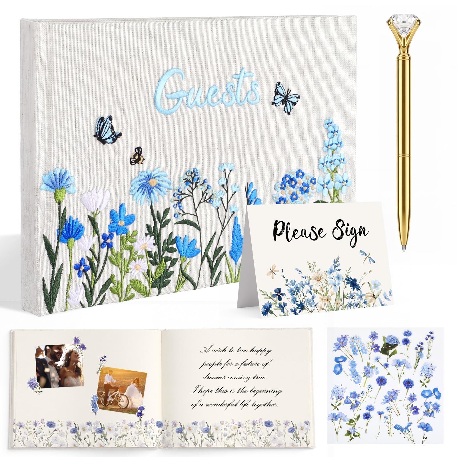 Ctosree Hochzeits-Gästebuch mit Stiften Wildblumen, besticktes Stoff-Fotoalbum, Hardcover, Gästebuch, Hochzeitsempfang für Babyparty, Party, Brautparty (Blau, 21,6 x 15,2 cm)