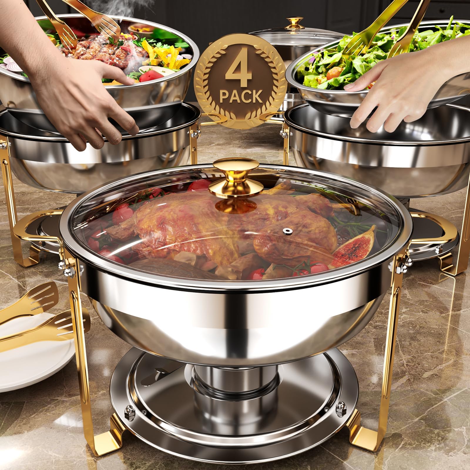 Chafing Dishes for Buffet 4 Pack, 3Qt and 5Qt High Grade Chafing Dish Buffet Set with Extra Food Pans and Serving Tongs, Chafing Dish with Glass Lid for Birthday, Wedding, Gold