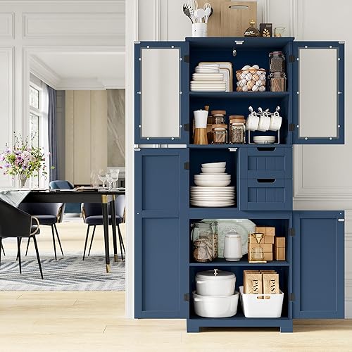 Miniatura 6 de Armario de almacenamiento de baño de 67 pulgadas de alto, gabinete de lino con puertas de vidrio y estantes ajustables, despensa de cocina con 2