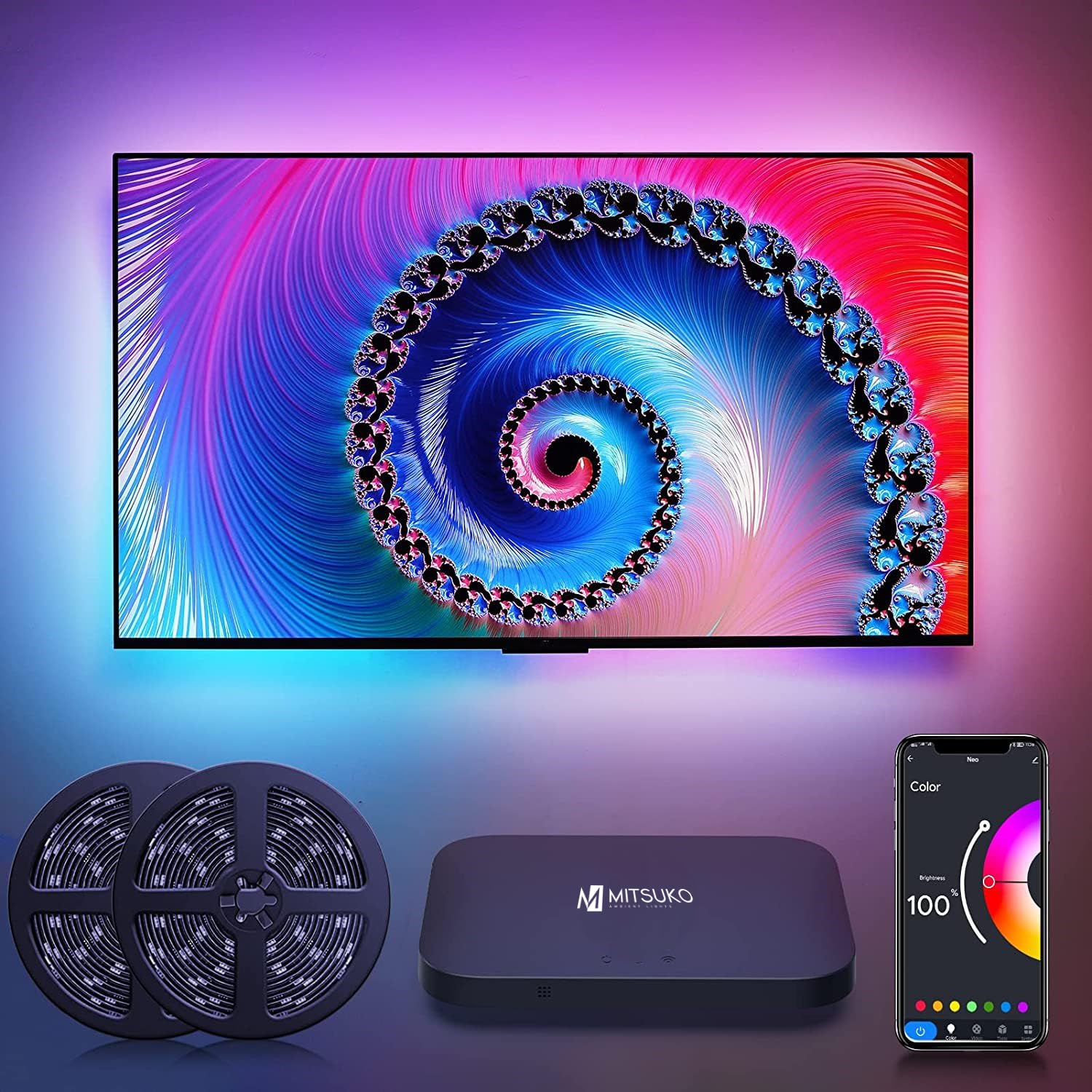 AmbiMotion 2.0 HDMI Sync Box, Compatible with Dolby Vision Dolby Atmos, 4K60Hz TV sync Led Backlight for upto 120 Inch TVs TV Lights for Games Movies Alexa and Google Home compatible, 60Leds/M
