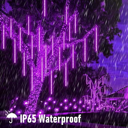 Miniatura 4 de JMEXSUSS - Paquete de 2 luces solares moradas de Halloween, 16 tubos, 288 luces LED, luces solares de lluvia de meteoritos para Navidad