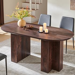 OKD 63" Oval Dining Table for 4-6, Thick Wood Kitchen Table with Sturdy T-Shaped Base & Curved Table Edge, Modern Dinner Tables for Dining Room, Kitchen, Living Room, Dark Walnut (Table Only)