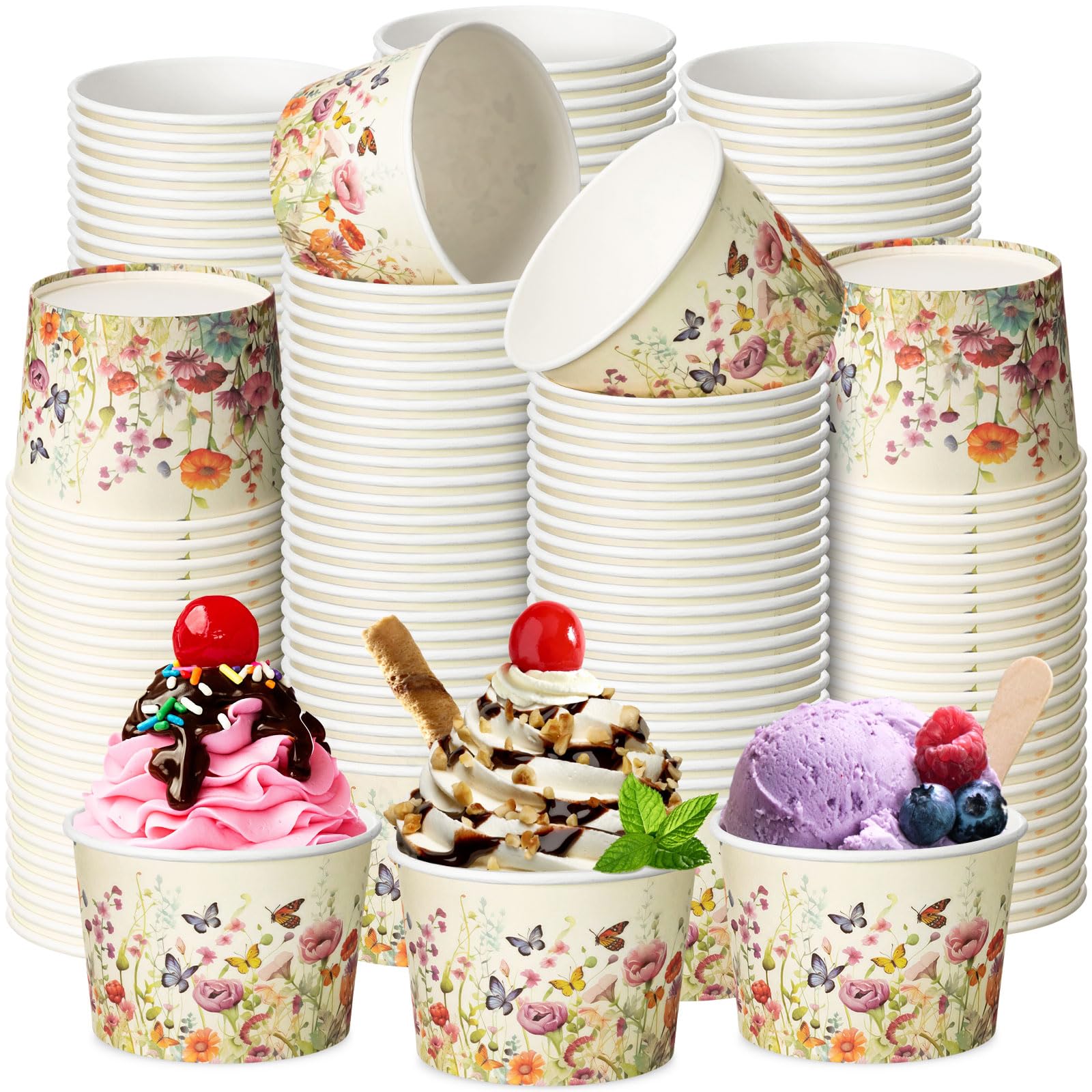 Bokon 100 Pcs Wildflower Paper Ice Cream Cups 9 oz Disposable Dessert Bowls Snack Cups Soup Cups for Birthday Baby Shower Spring Summer Floral Party