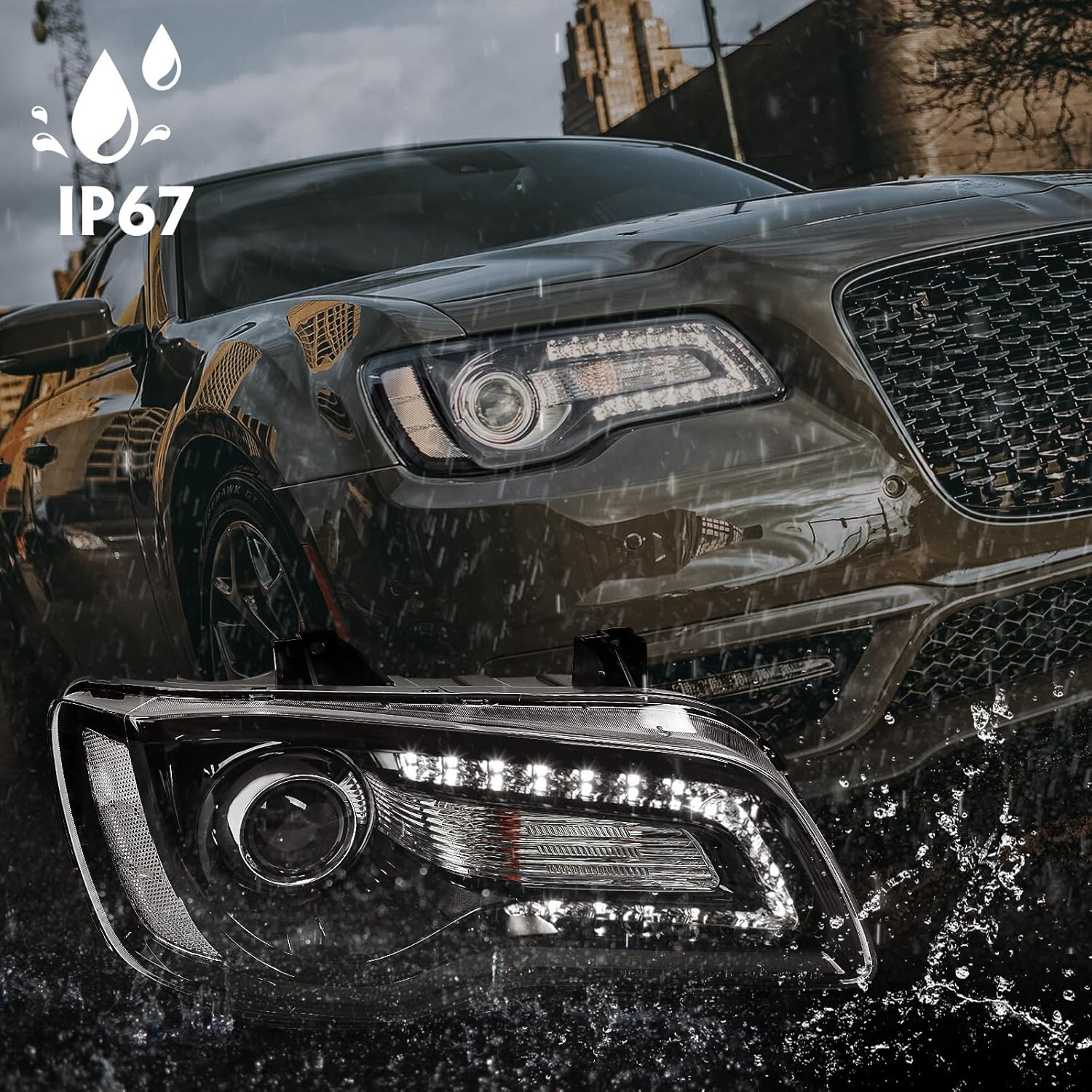 FIONE Halogen Headlights Compatible with Chrysler 300/300C 2015 2016 2017 2018 Headlamp Assembly with Black Bezel Replacement Right Passenger Side RH CH2503269 68214382AD