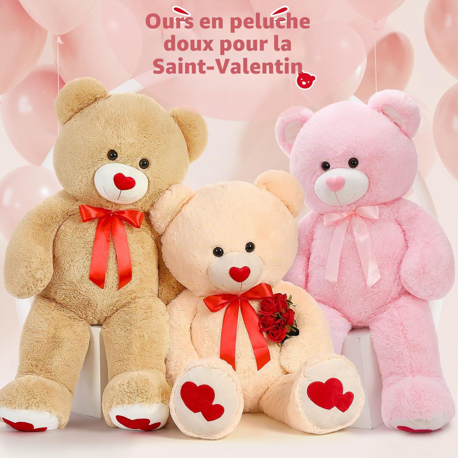 MorisMos Ours en Peluche Géant 120cm - Nounours XXL, Peluche Ours Rose Douce et Câline, Cadeau d'amour pour Petite Amie, Femme, Enfant, Filles, Amoureux, Noël & Anniversaire